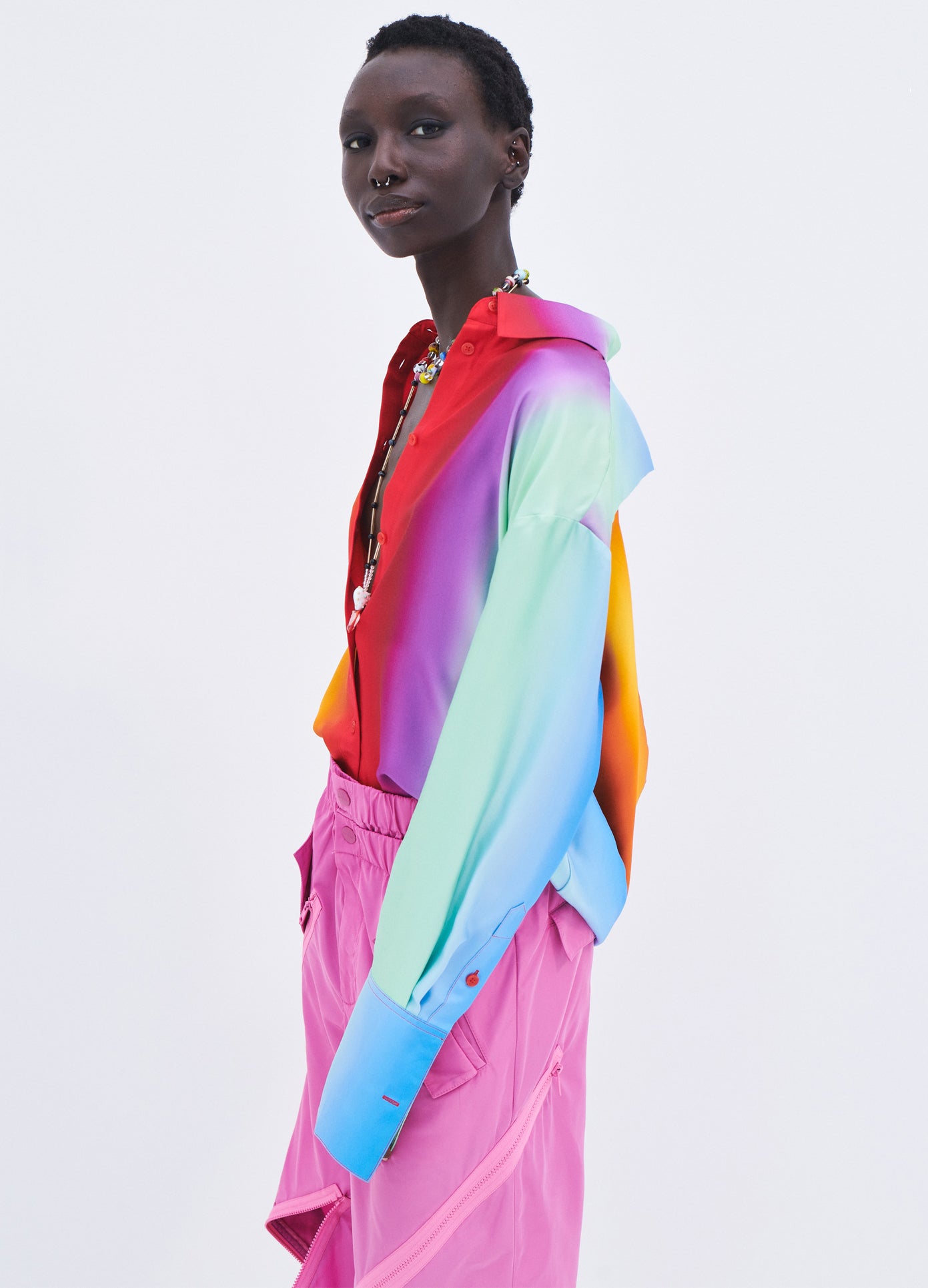 MONSE Rainbow Blur Cowl Back Blouse in Multi Colors on model side view