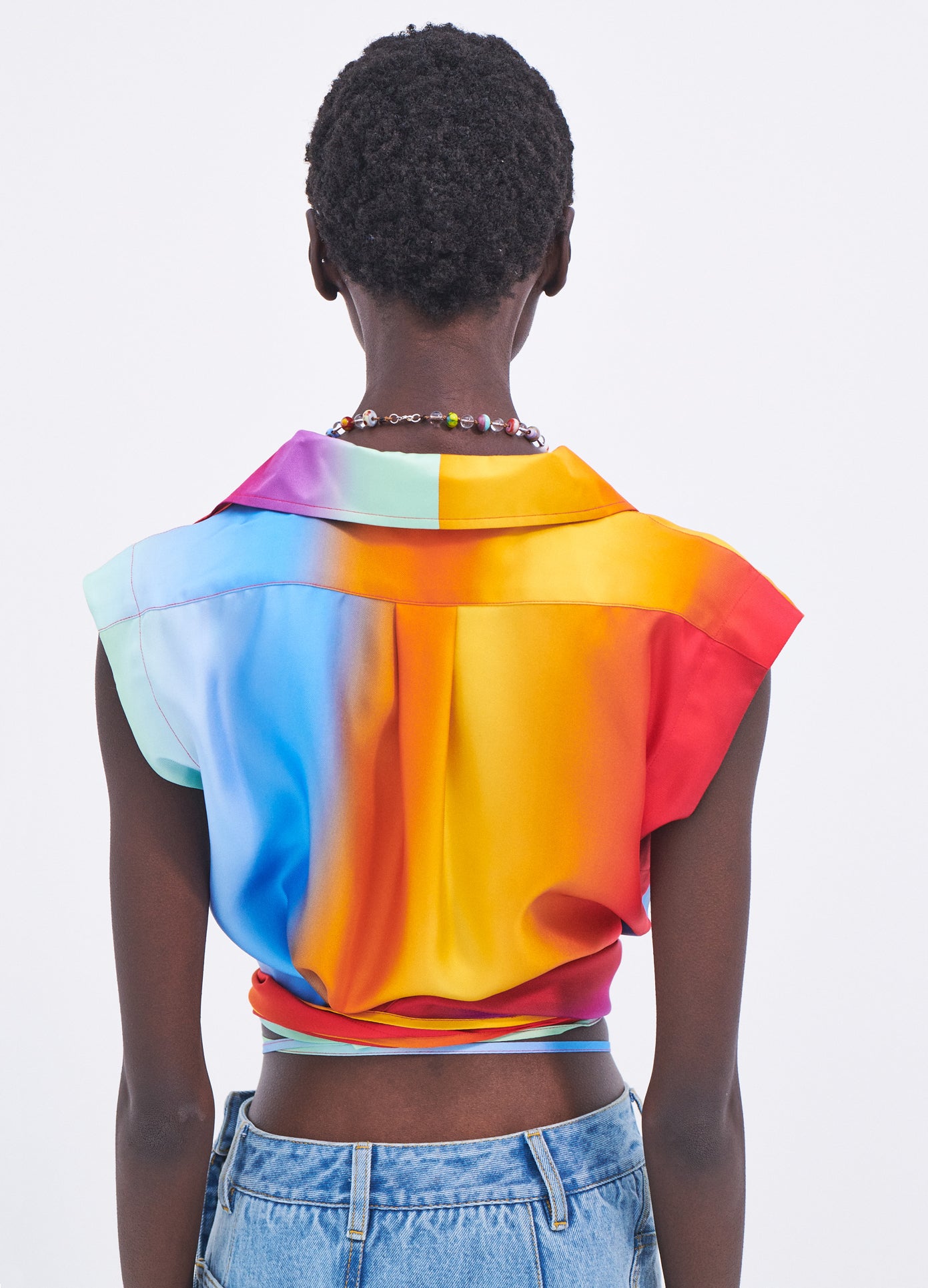 MONSE Rainbow Blur Sleeveless Wrap Shirt in Multi Colors on model back detail view
