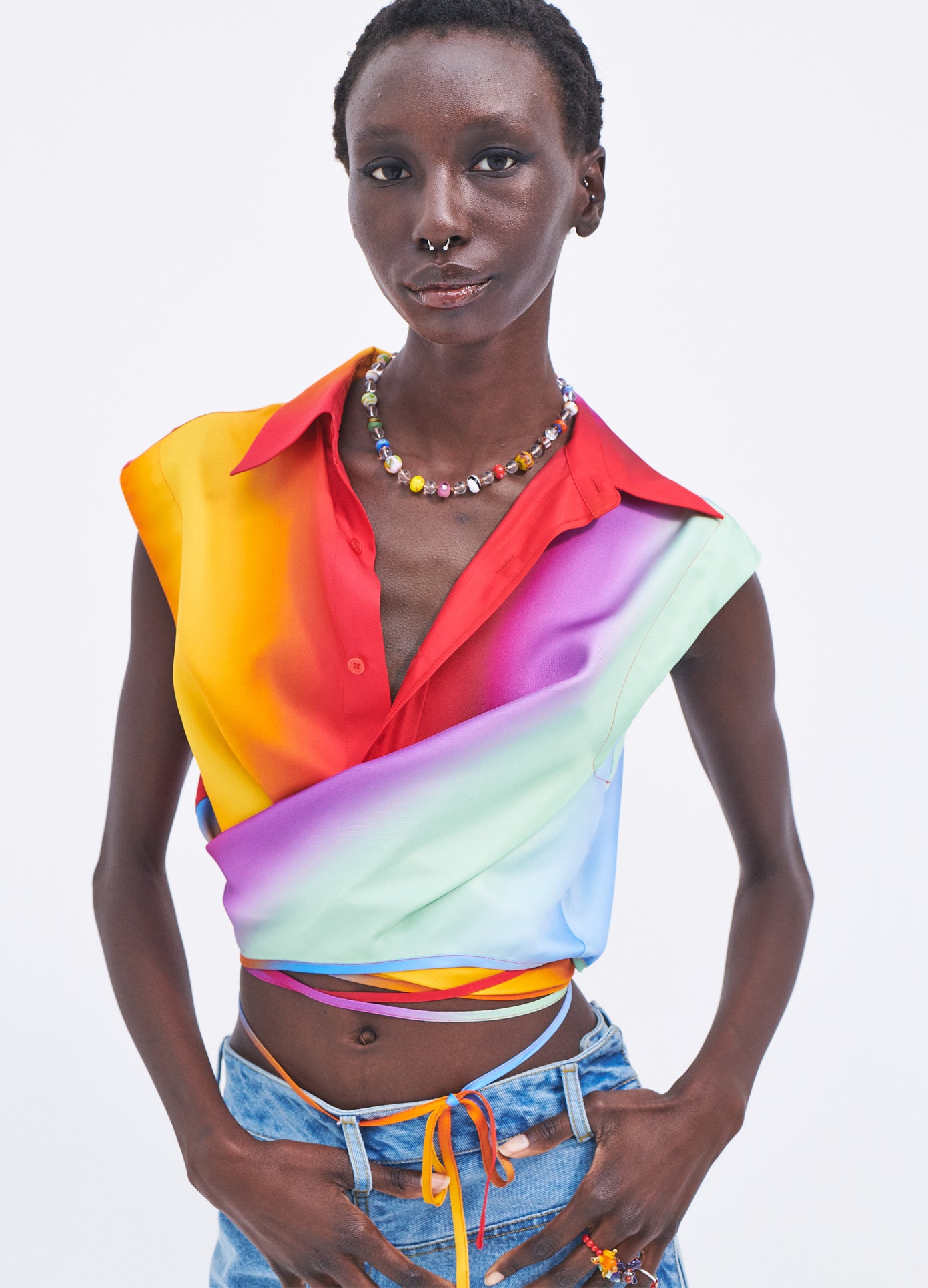 MONSE Rainbow Blur Sleeveless Wrap Shirt in Multi Colors on model front detail view