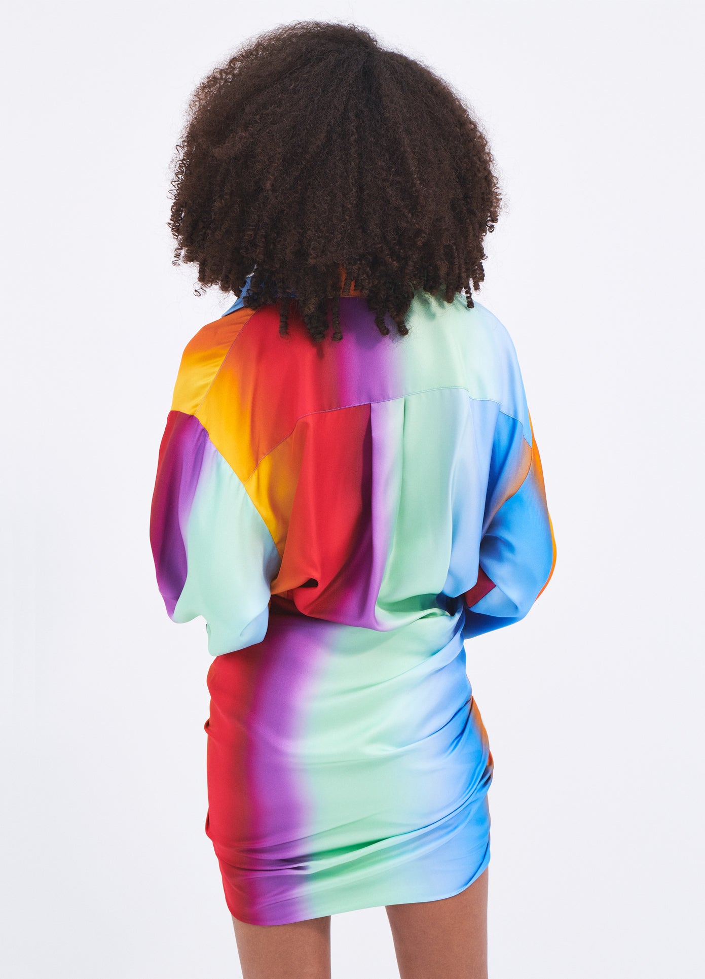 MONSE Rainbow Blur Wrapped Shirt Dress in Multi Colors on model back view