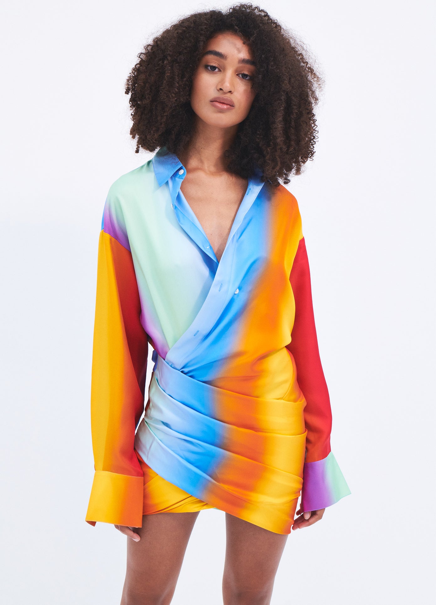 MONSE Rainbow Blur Wrapped Shirt Dress in Multi Colors on model front view