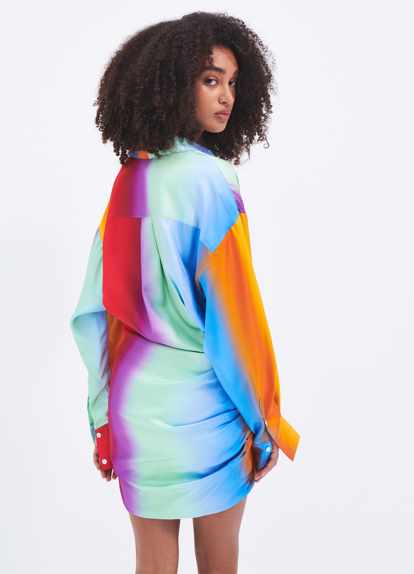 MONSE Rainbow Blur Wrapped Shirt Dress in Multi Colors on model looking over shoulder back view