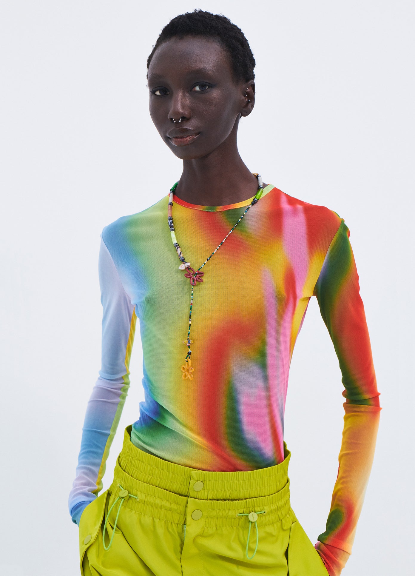 MONSE Rainbow Heatwave Mesh Top in Multi Colors on model front detail view