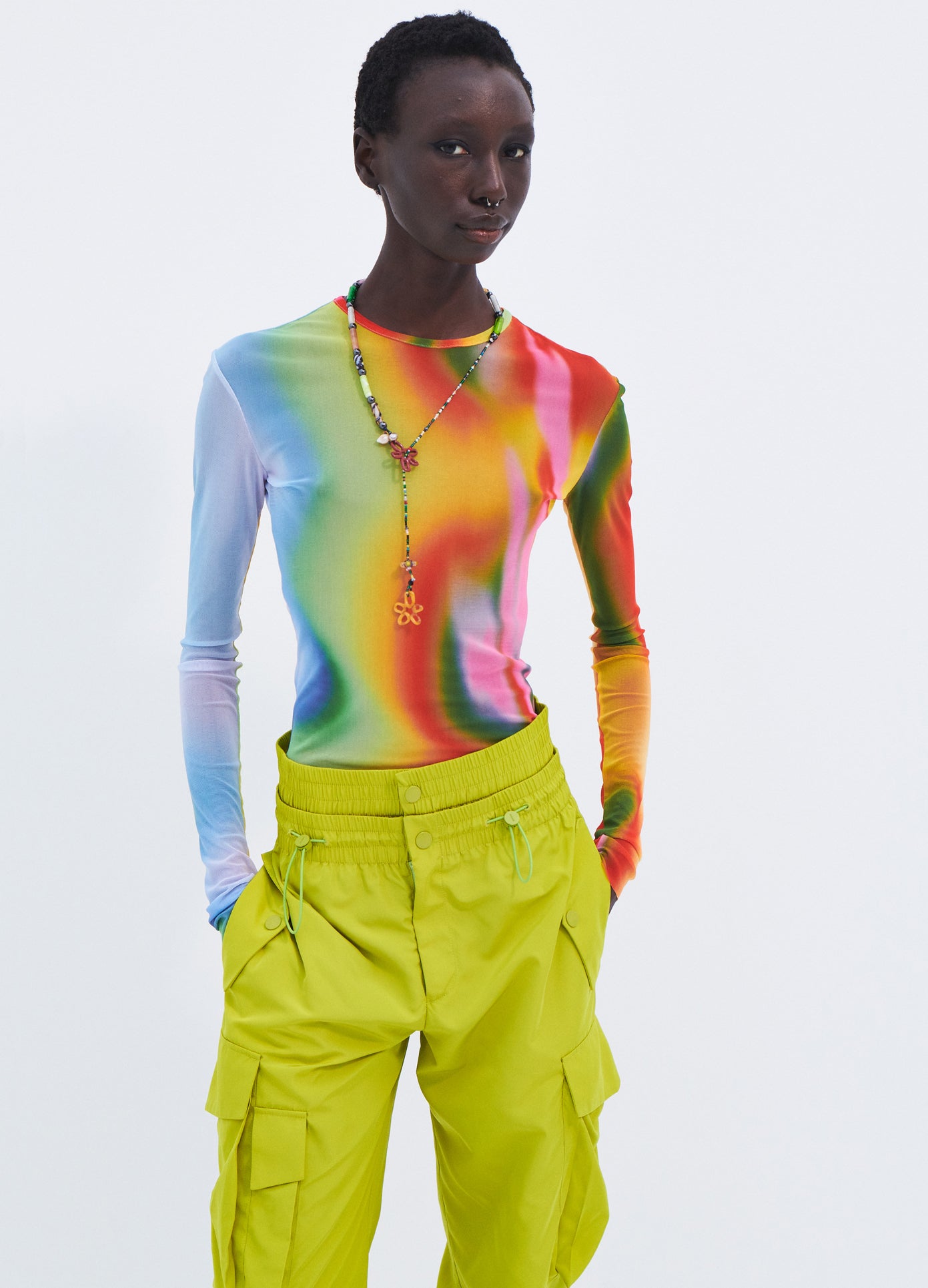 MONSE Rainbow Heatwave Mesh Top in Multi Colors on model front view