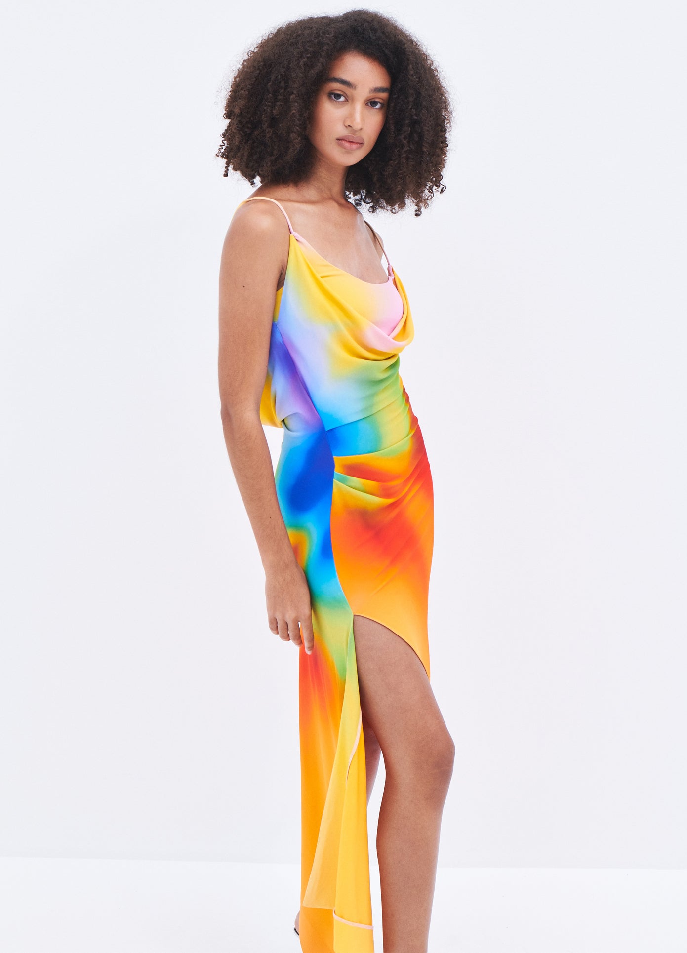 MONSE Rainbow Orchid Slip Dress in Multi Colors on model full side view