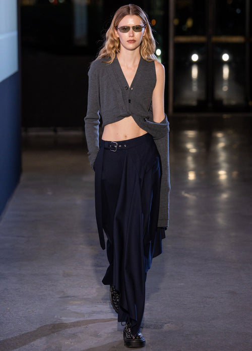 MONSE Regular Fit Tailored Trousers in dark sapphire on model walking runway