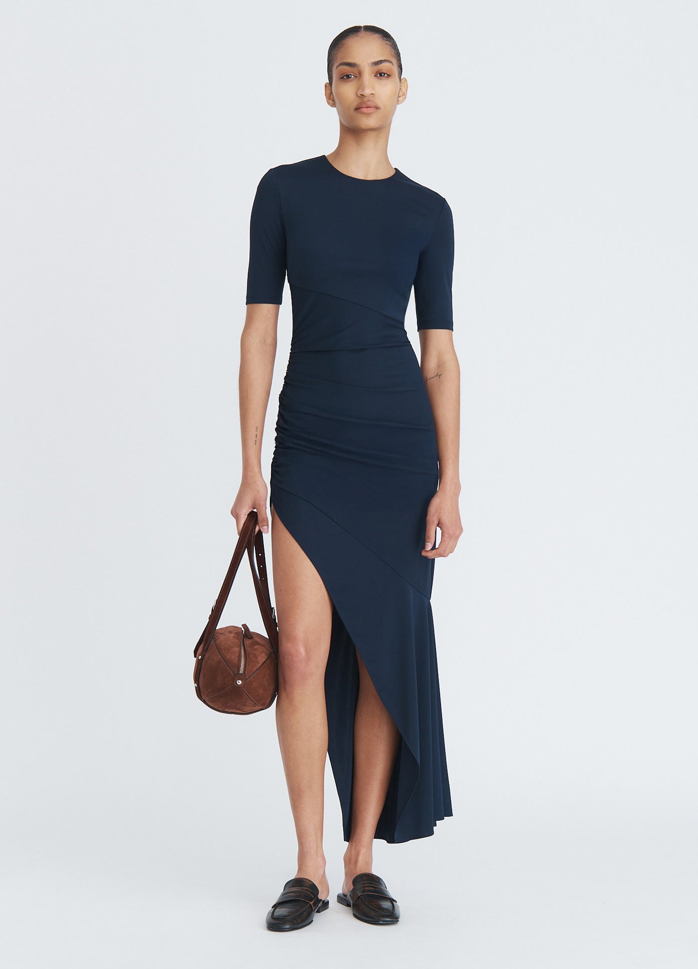 MONSE Ruched Fitted T-Shirt Dress in midnight on model full front view