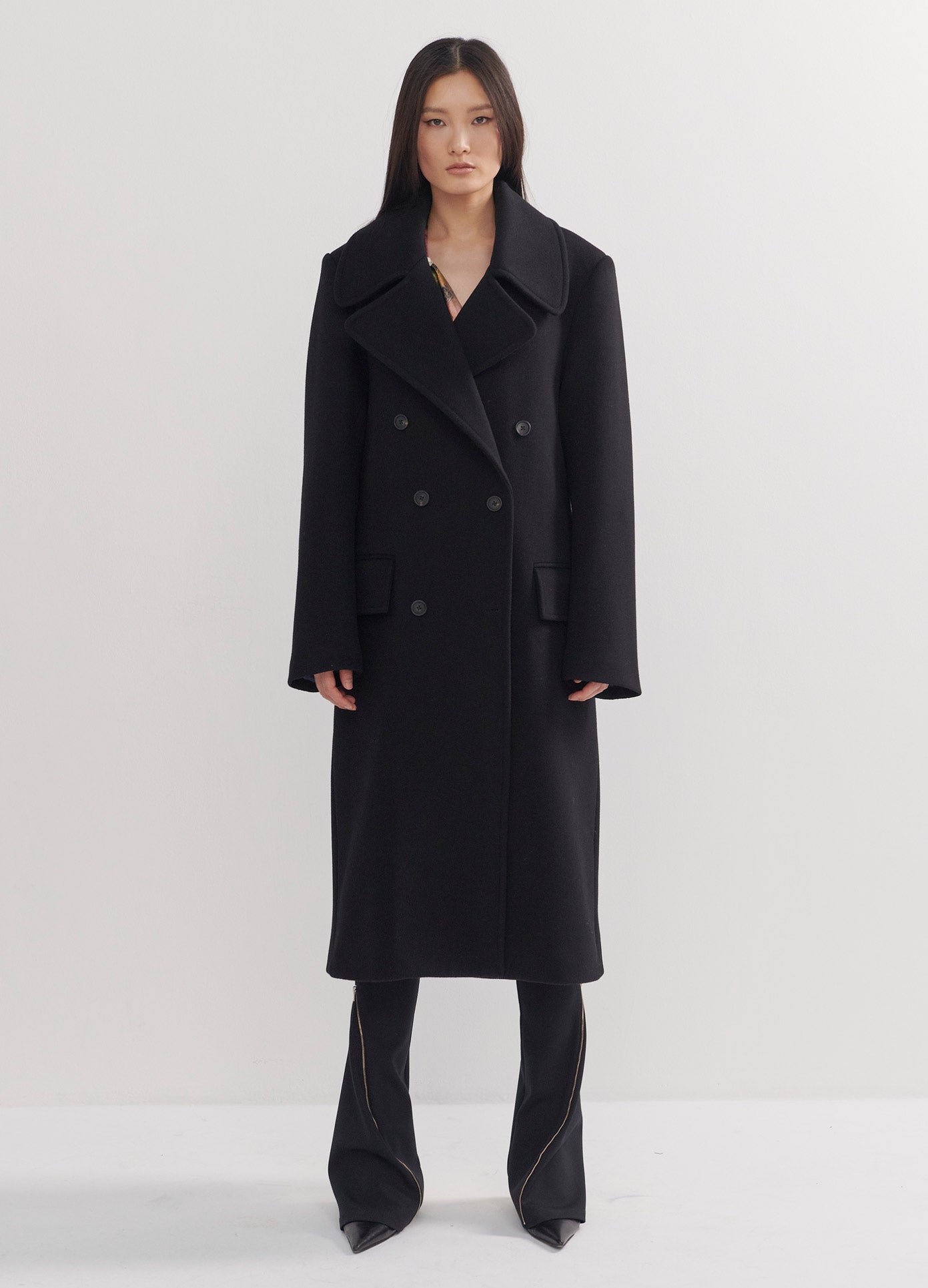 MONSE Satin Back Inset Coat in Black on Model Full Front View