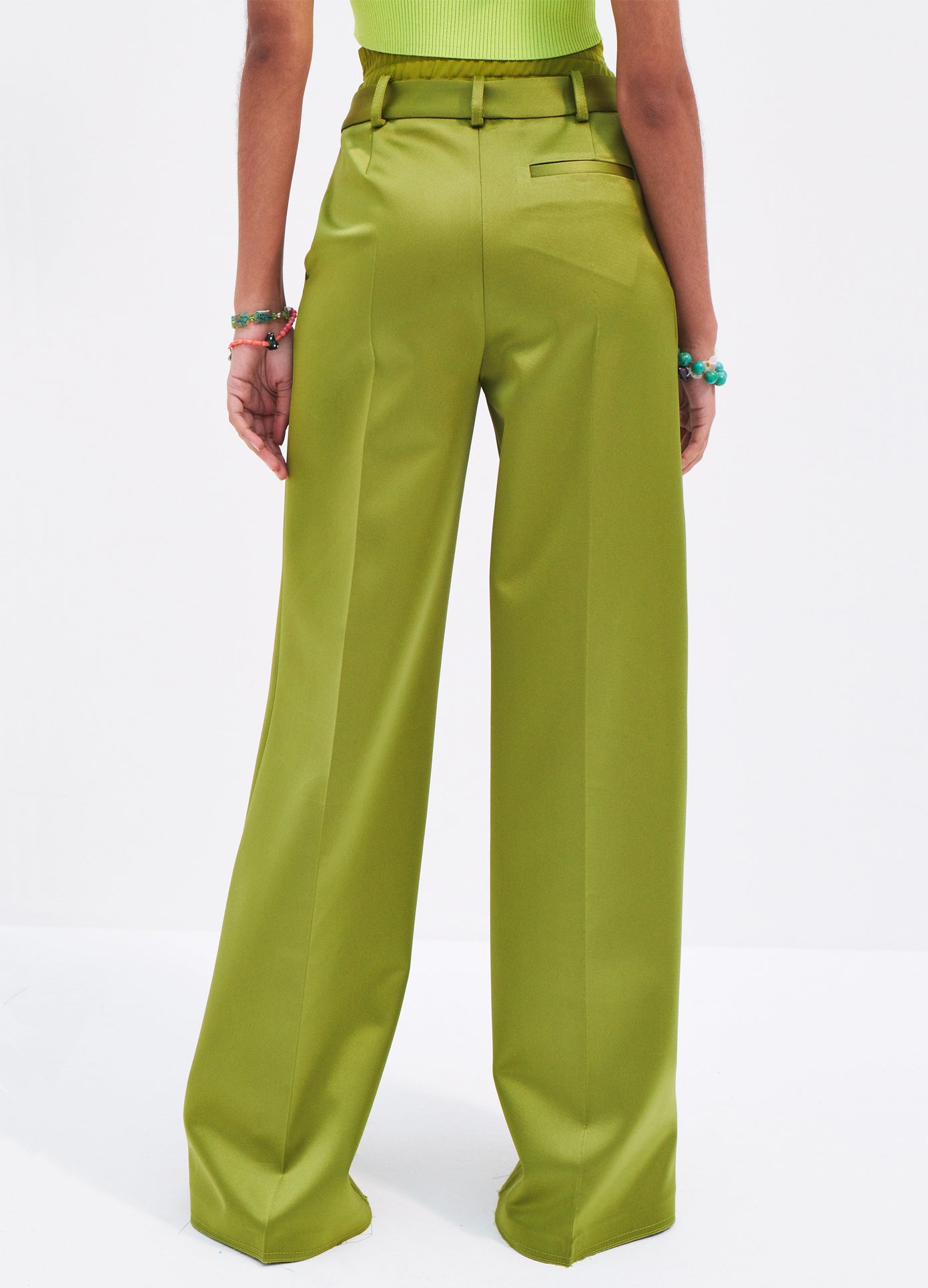 MONSE Satin Double Waistband Wide Leg Trousers in Olive on model back detail view