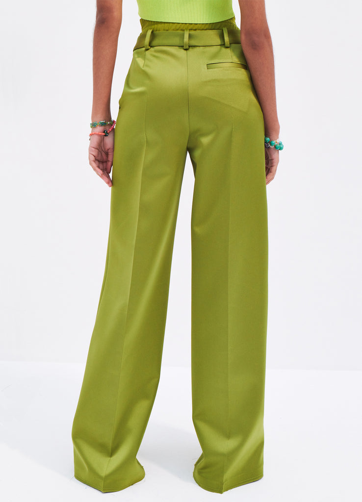 Satin Double Waistband Wide Leg Trousers in Olive