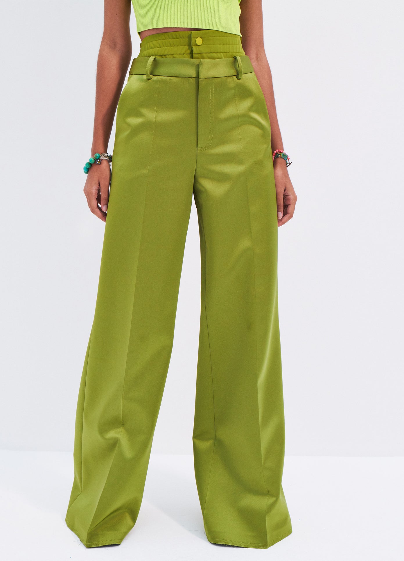 MONSE Satin Double Waistband Wide Leg Trousers in Olive on model front detail view