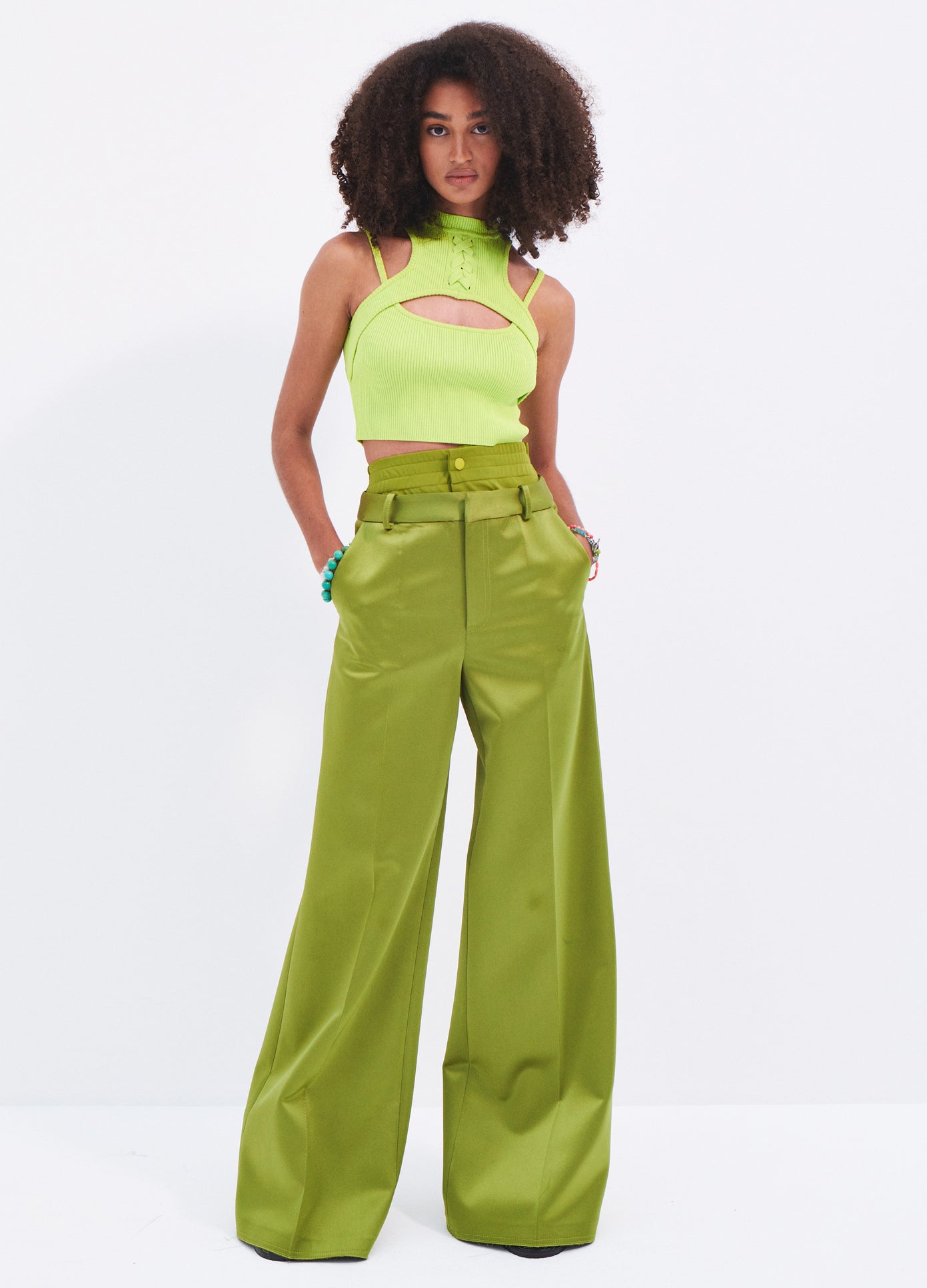 MONSE Satin Double Waistband Wide Leg Trousers in Olive on model full front view