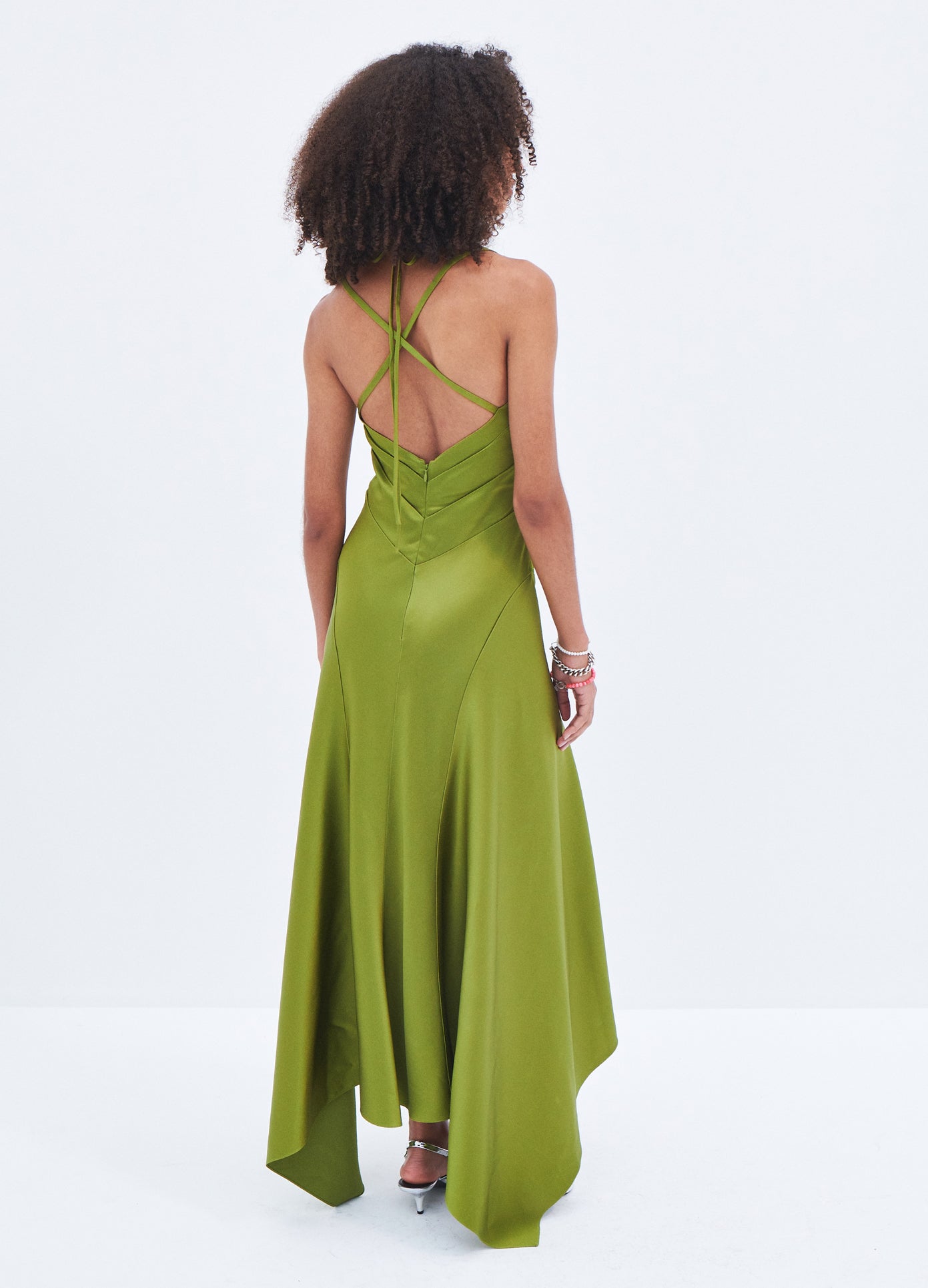 MONSE Satin Draped Slip Dress in Olive on model full back view