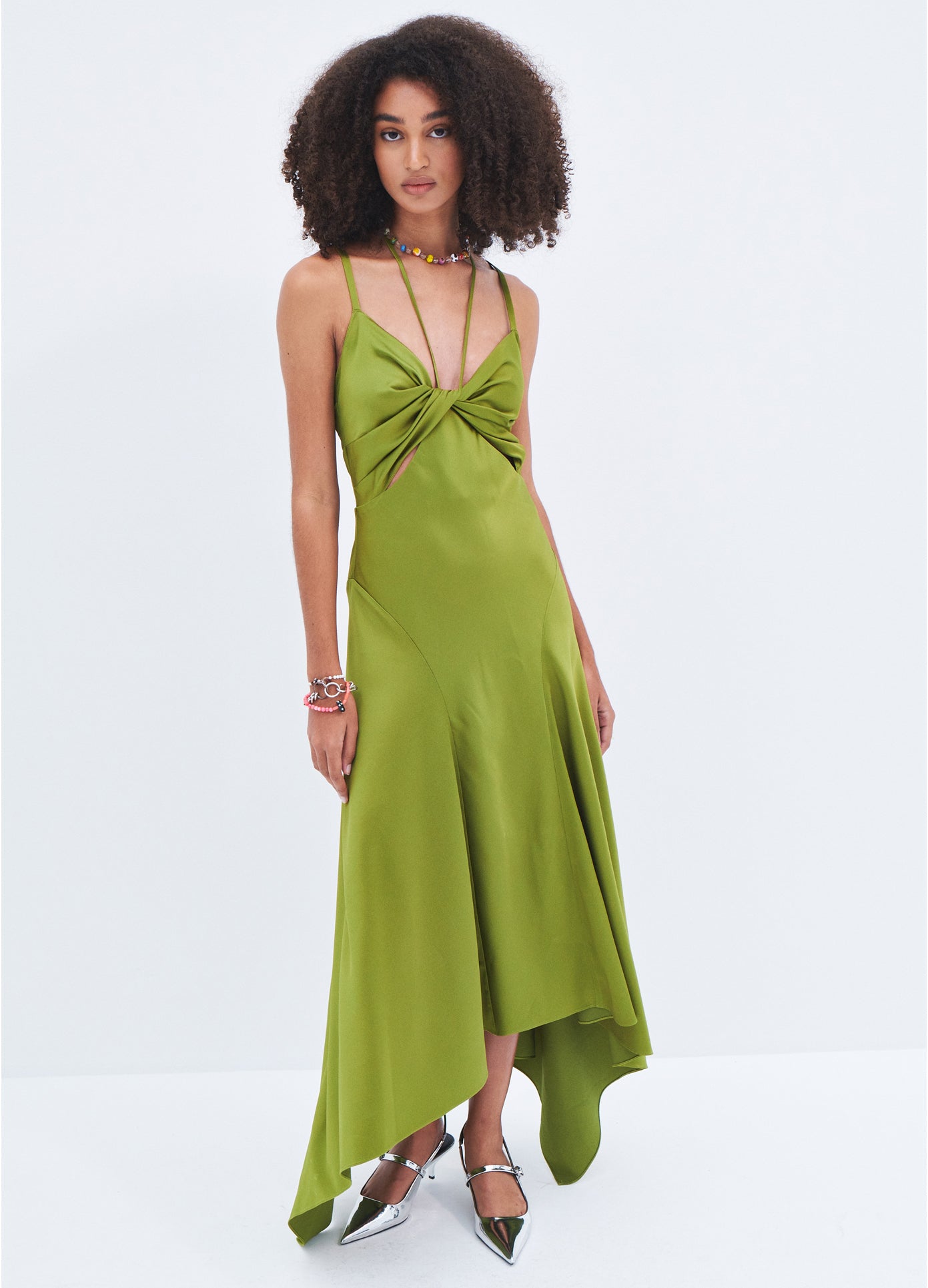 MONSE Satin Draped Slip Dress in Olive on model full front view
