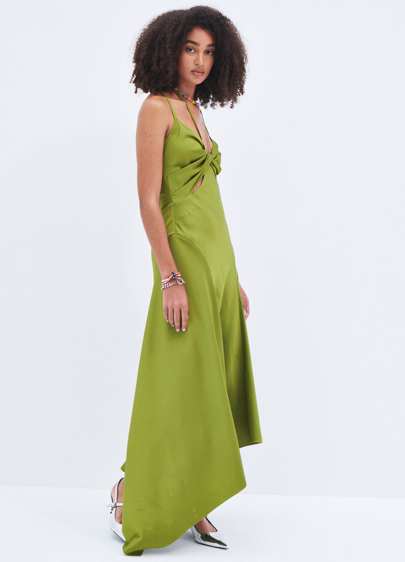 MONSE Satin Draped Slip Dress in Olive on model full side view