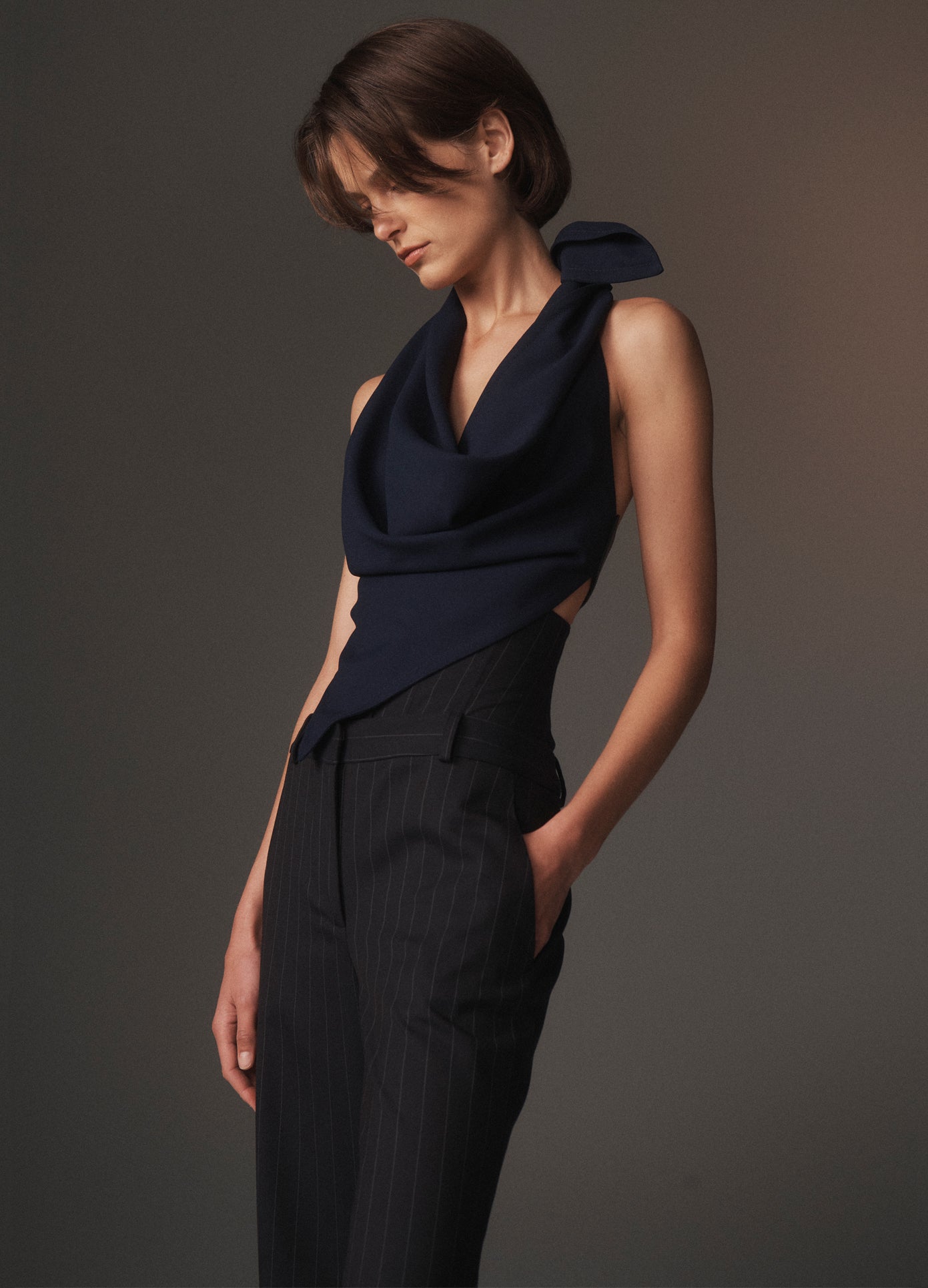 Satin Halter With Back Leather Strap