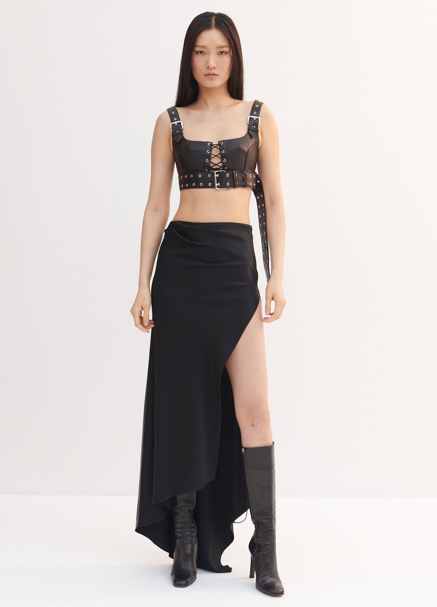 MONSE Satin Long Draped Skirt in Black on Model Full Front View