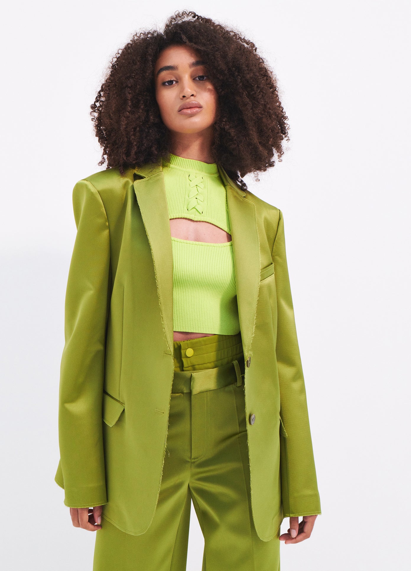 MONSE Satin Raw Edge Boxy Blazer in Olive on model front view