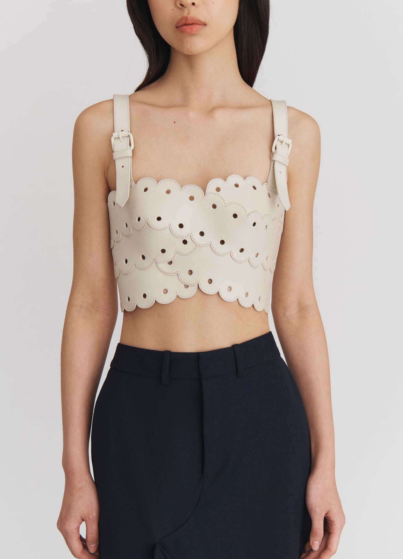 MONSE Scallop Leather Bustier in Ivory on model front detail view