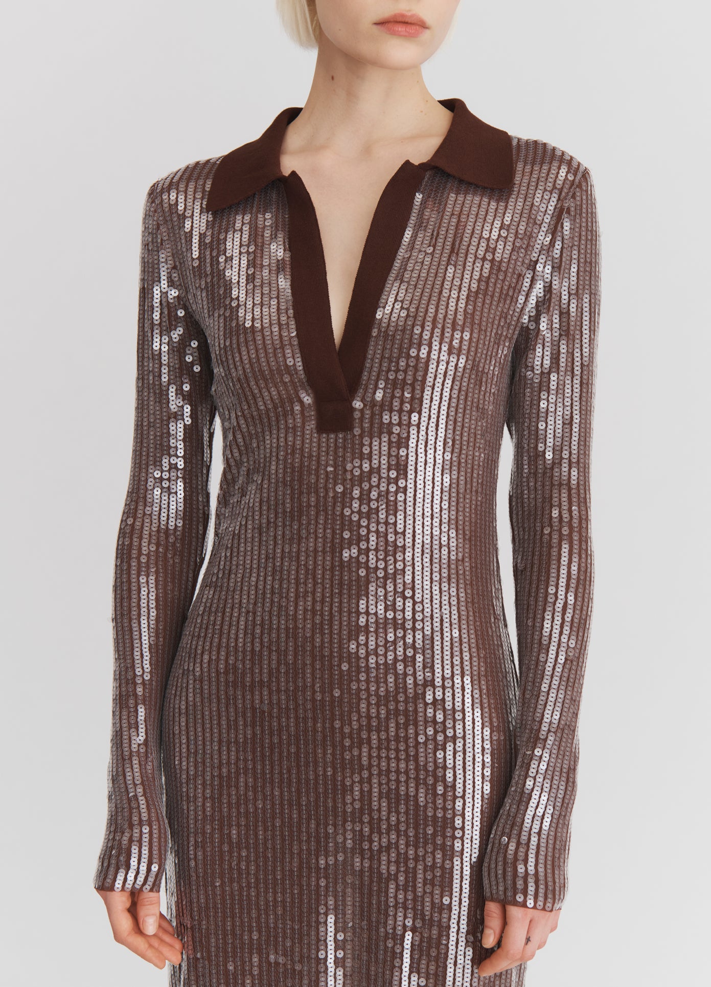 MONSE Sequin Mesh Midi Dress in Dark Nude on model front detail view