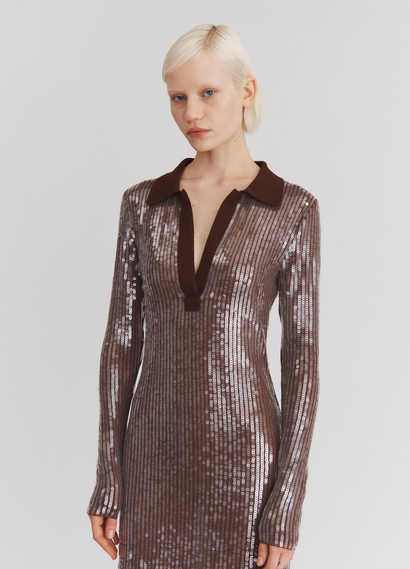 MONSE Sequin Mesh Midi Dress in Dark Nude on model front view