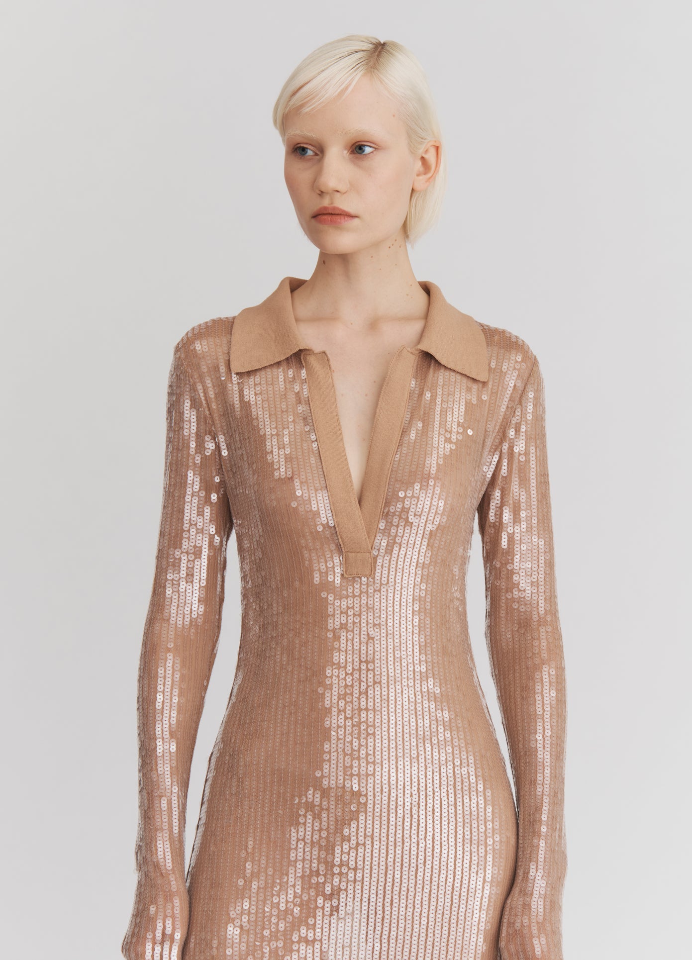 MONSE Sequin Mesh Midi Dress in Nude on model front view