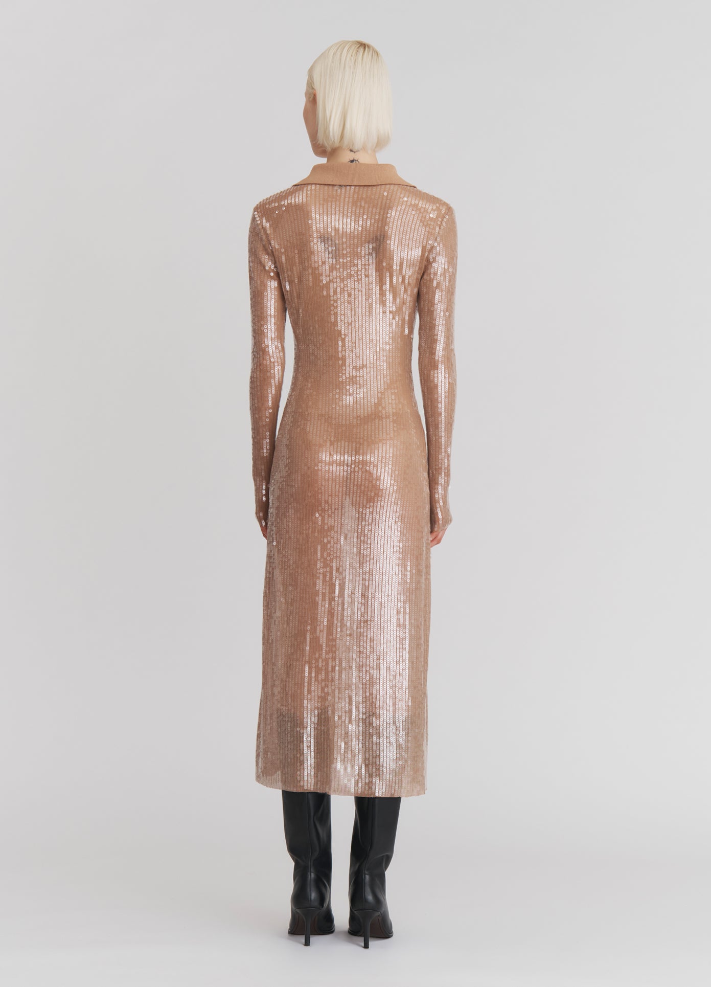 MONSE Sequin Mesh Midi Dress in Nude on model full back view