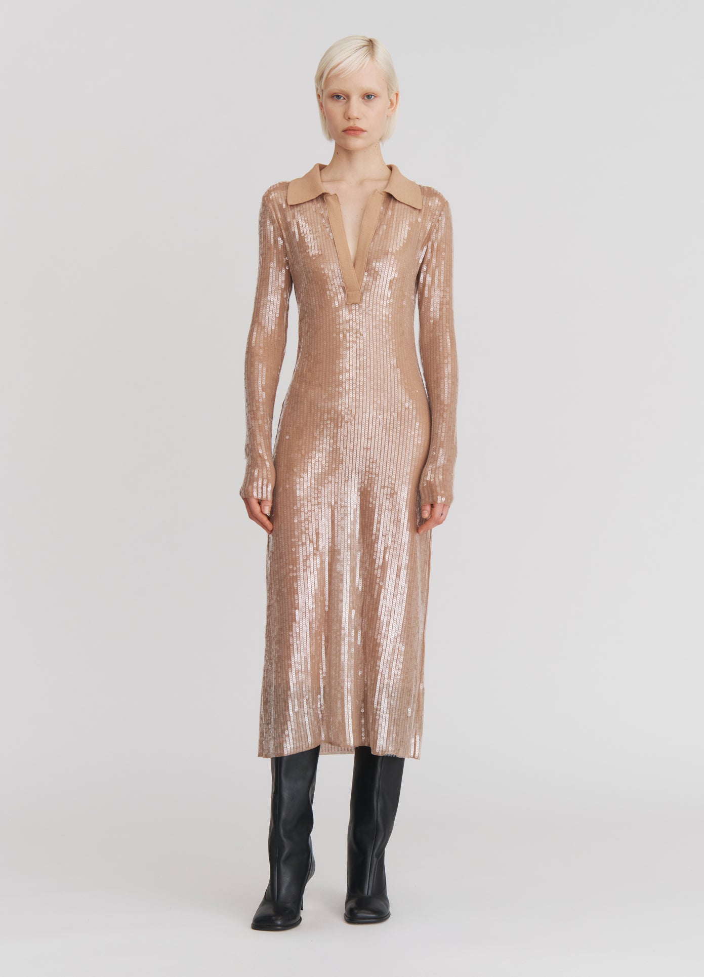 MONSE Sequin Mesh Midi Dress in Nude on model full front view