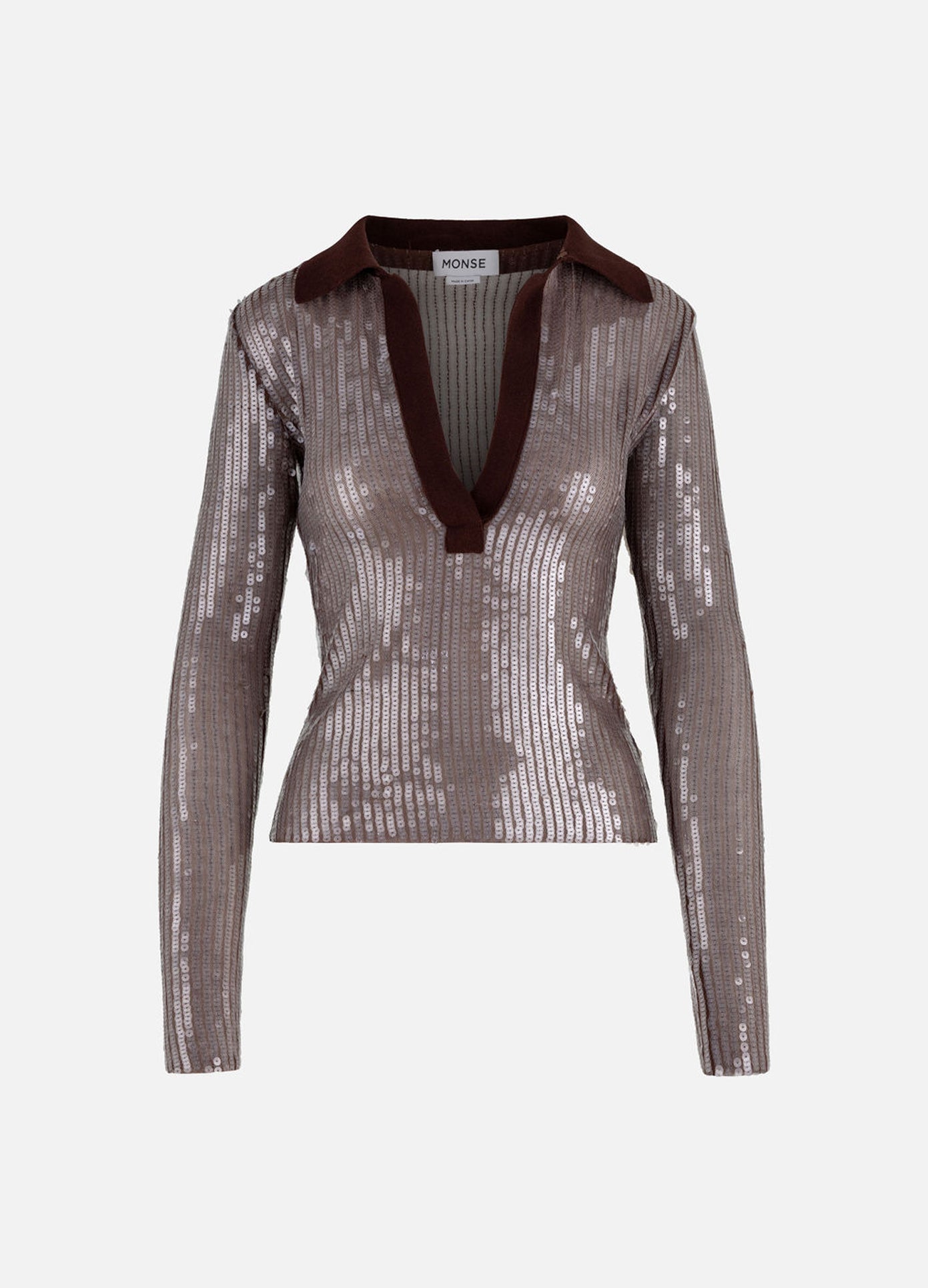 MONSE Sequin Mesh Top in dark nude flat front