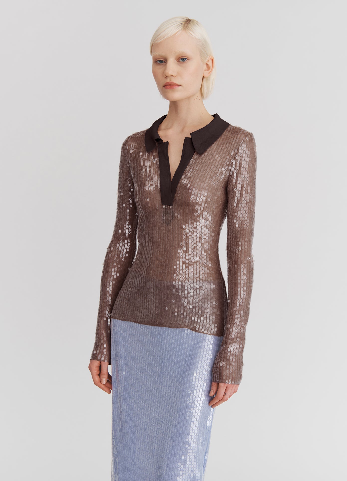 MONSE Sequin Mesh Top in Dark Nude on model front view