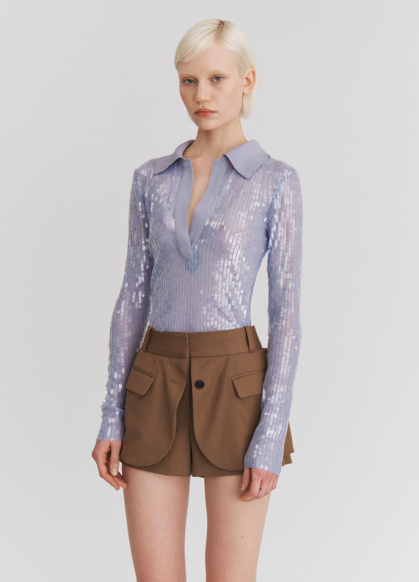 MONSE Sequin Mesh Top in Lilac on model front view