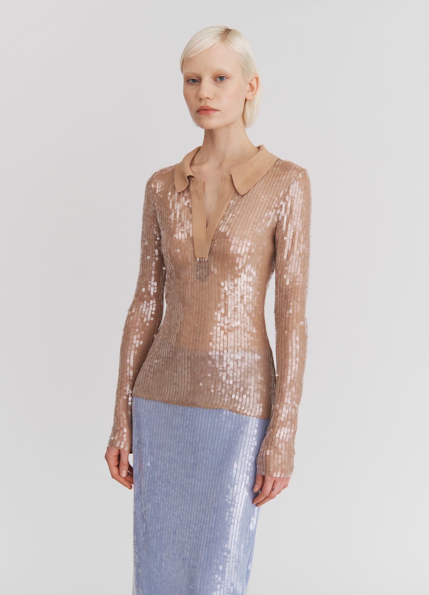 MONSE Sequin Mesh Top in Nude on model front side view