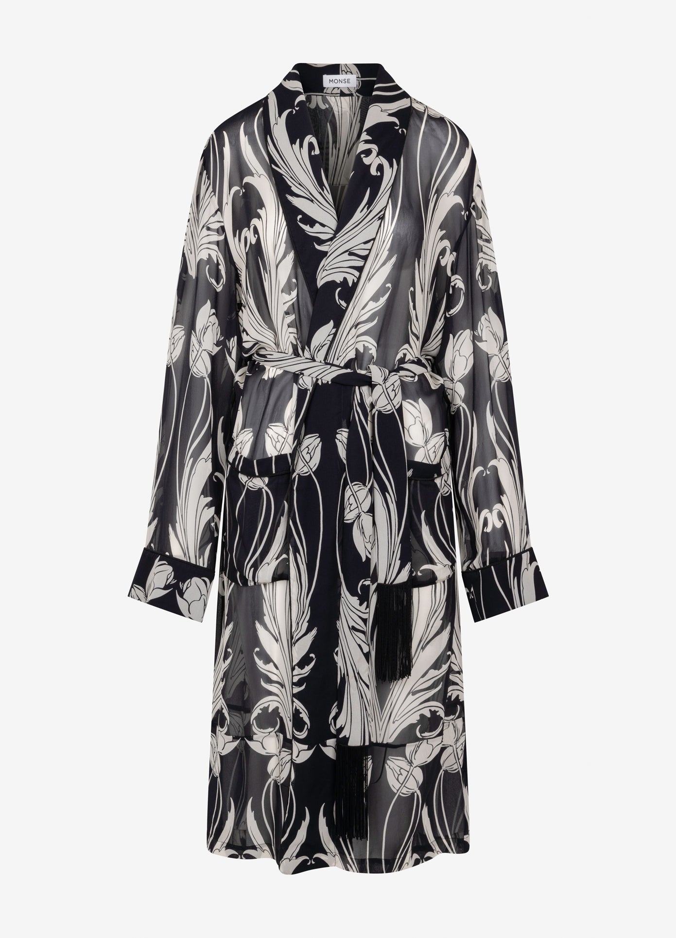 MONSE Shawl Collar Piped Robe Coat in black silk flat front