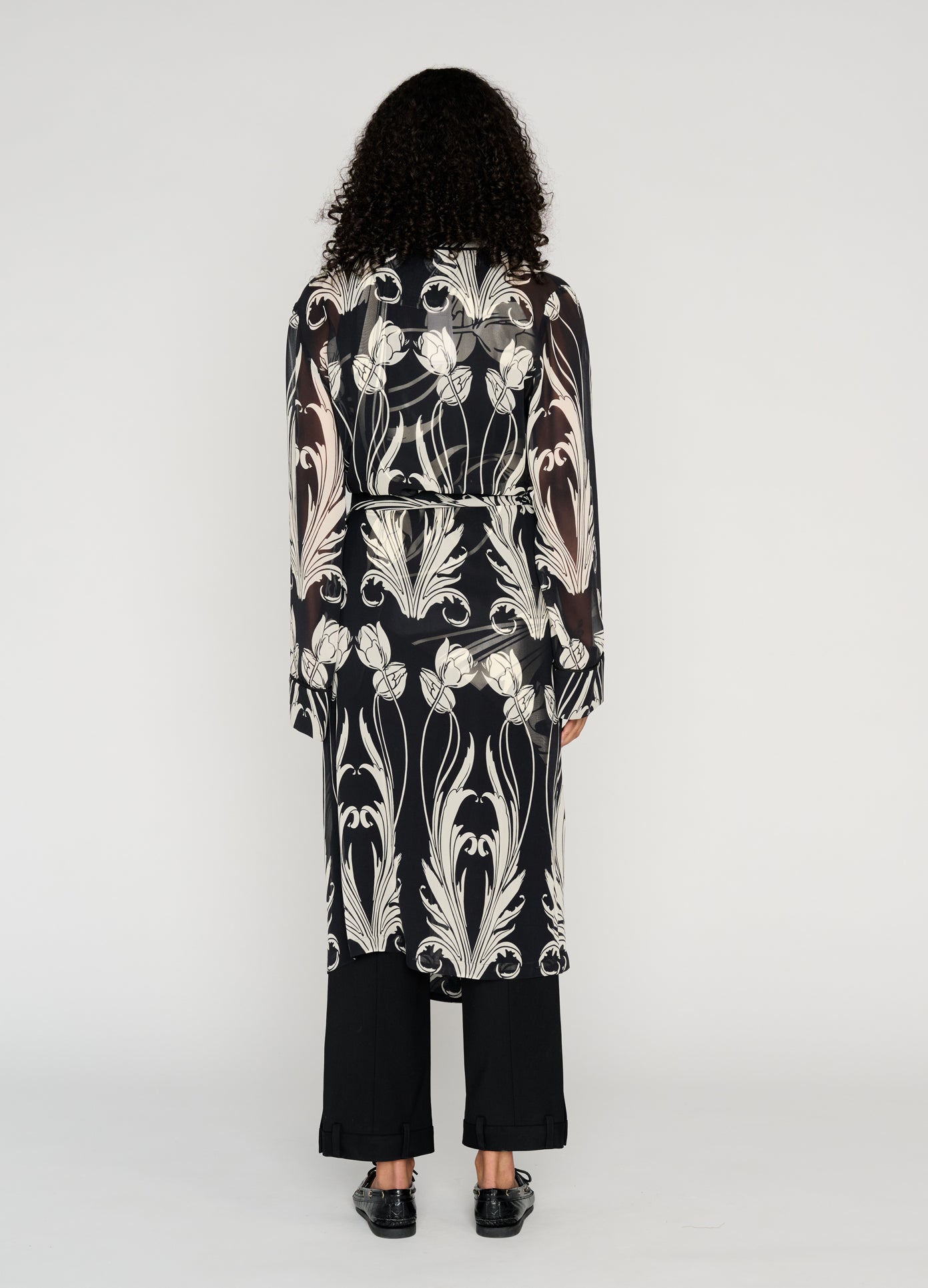 MONSE Shawl Collar Piped Robe Coat in black on model full back view