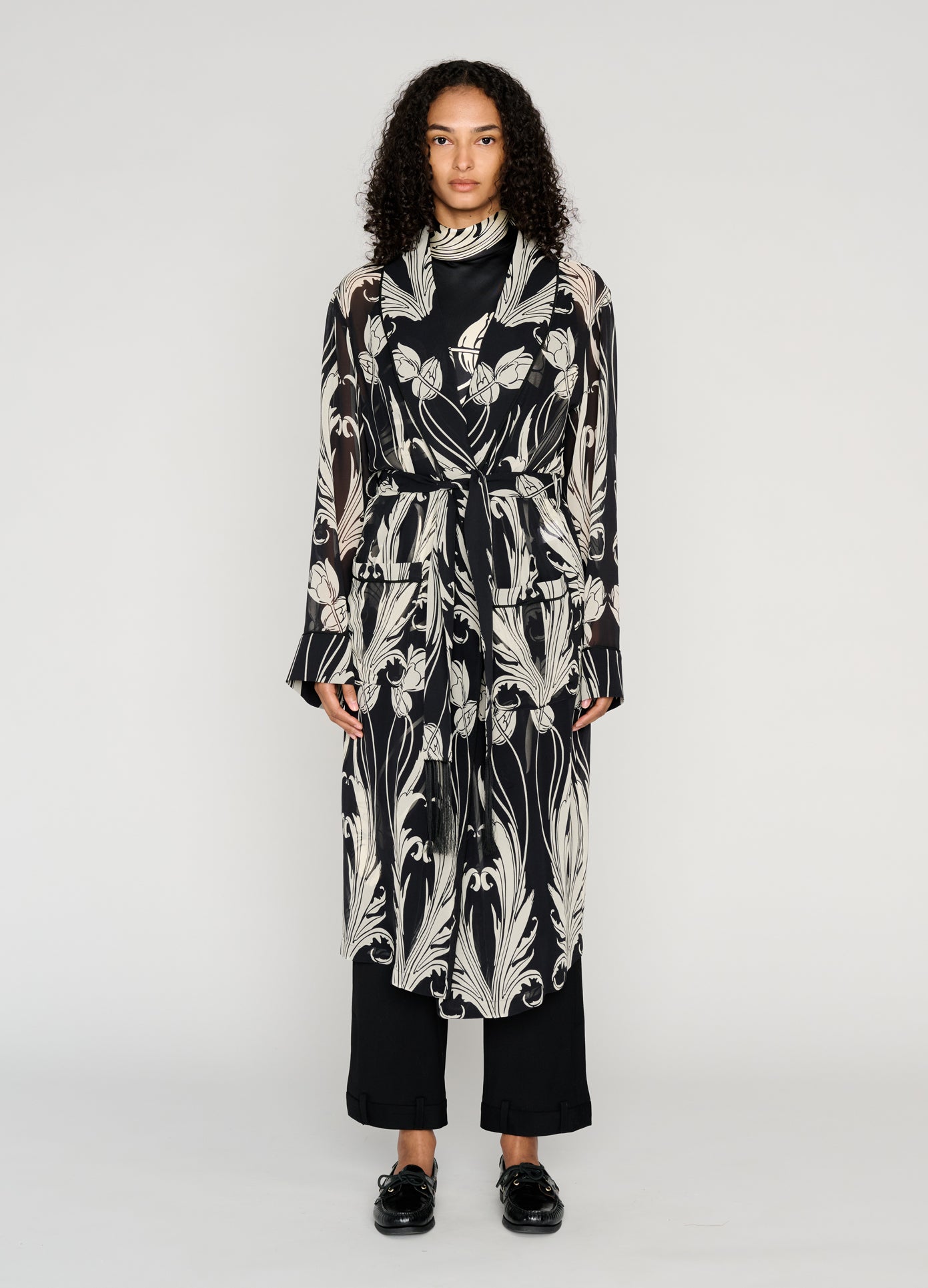 MONSE Shawl Collar Piped Robe Coat in black on model full front view