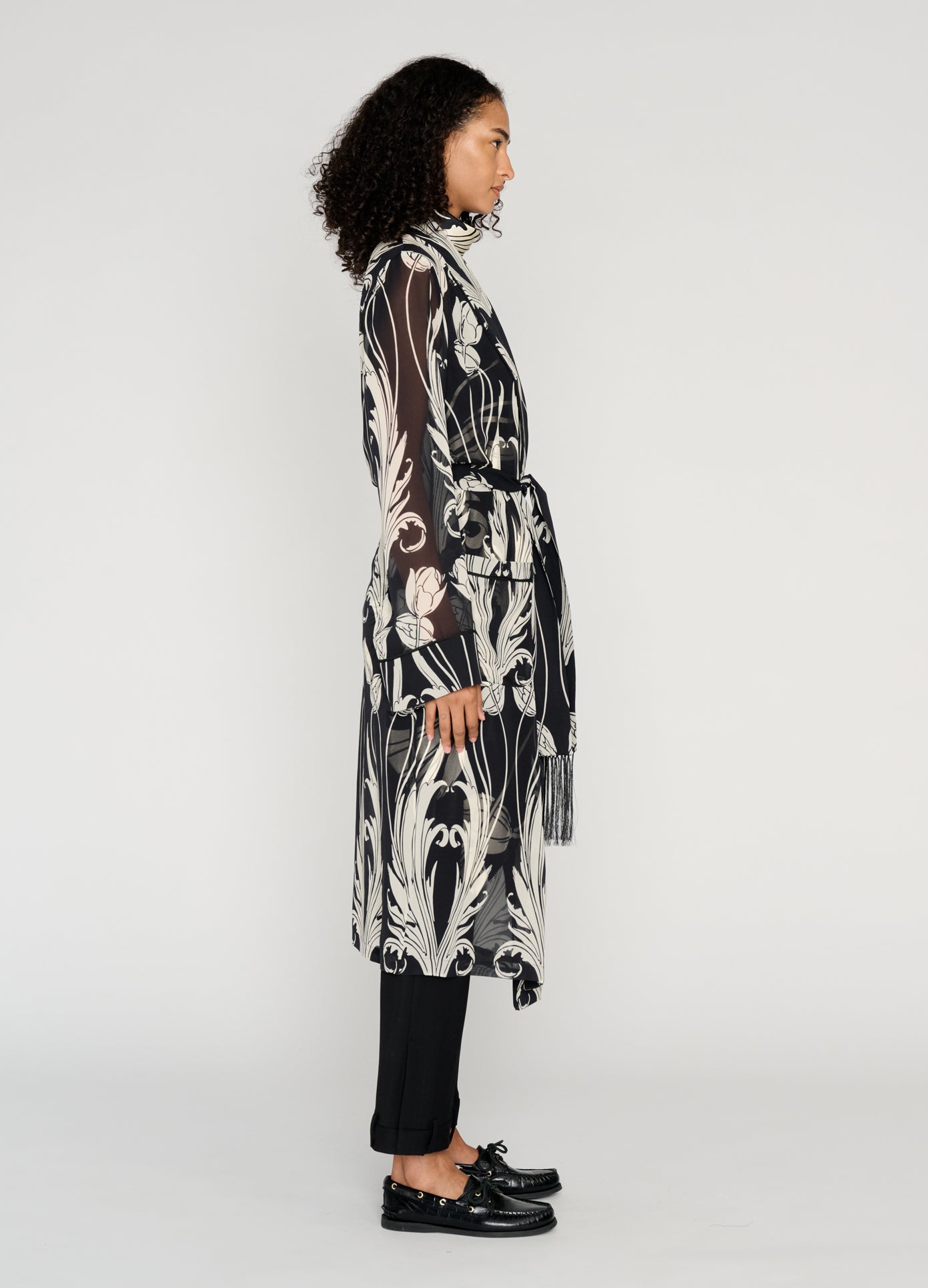 MONSE Shawl Collar Piped Robe Coat in black on model full side view
