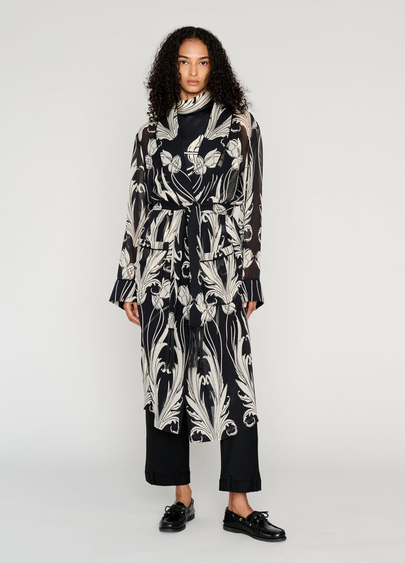 MONSE Shawl Collar Piped Robe Coat in black on model style full front view