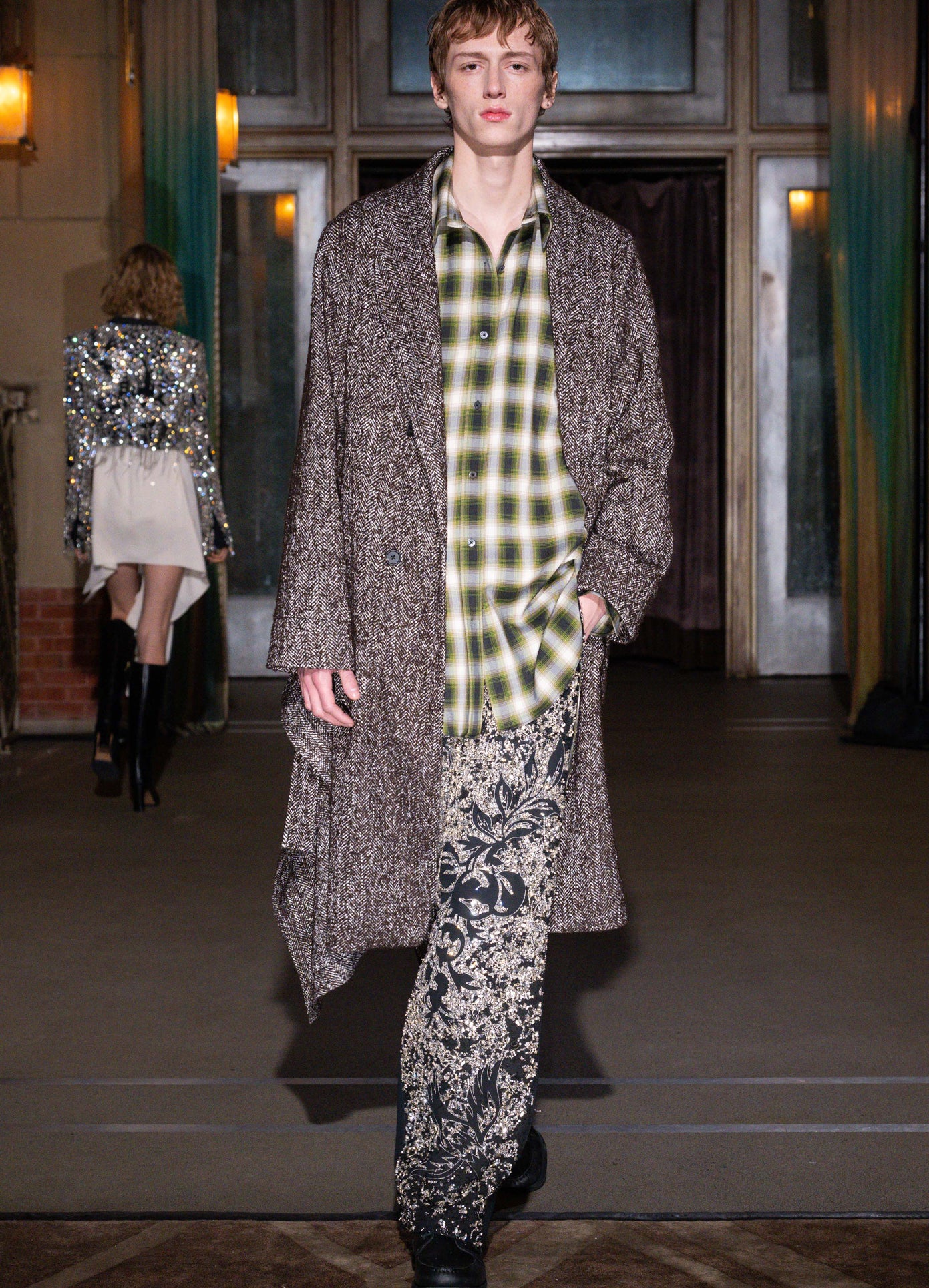MONSE Shawl Collar Wool Robe Coat in black on runway model walking show full front view