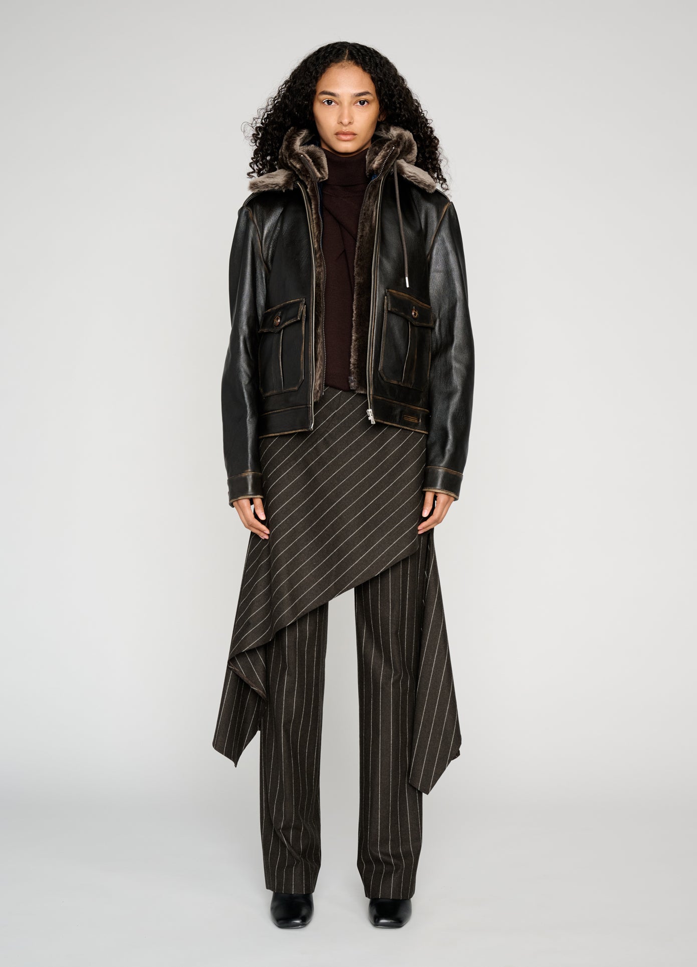 MONSE Shearling Combo Leather Bomber Jacket in black on model full front view