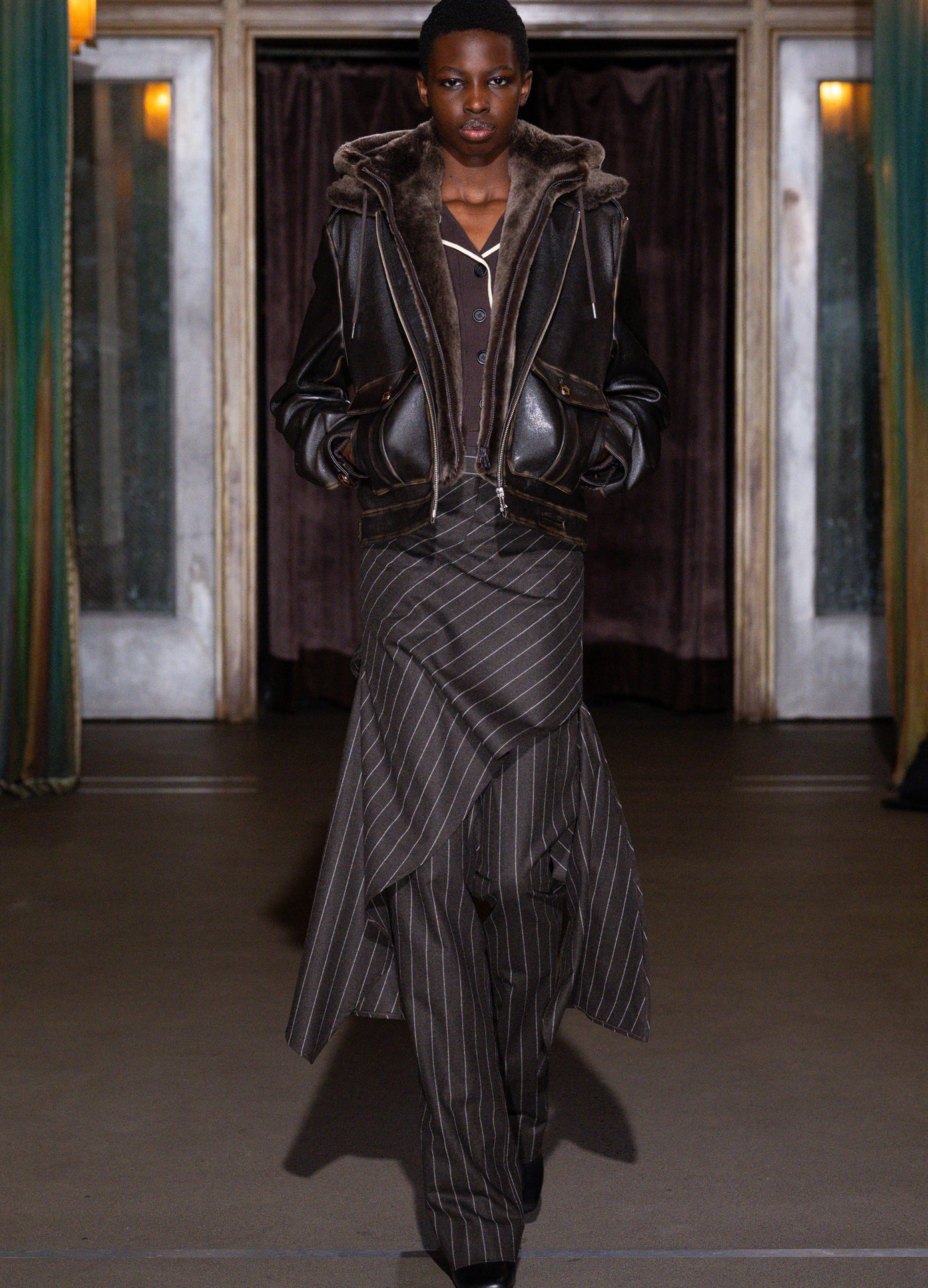 MONSE Shearling Combo Leather Bomber Jacket in black on runway model walking show full front view