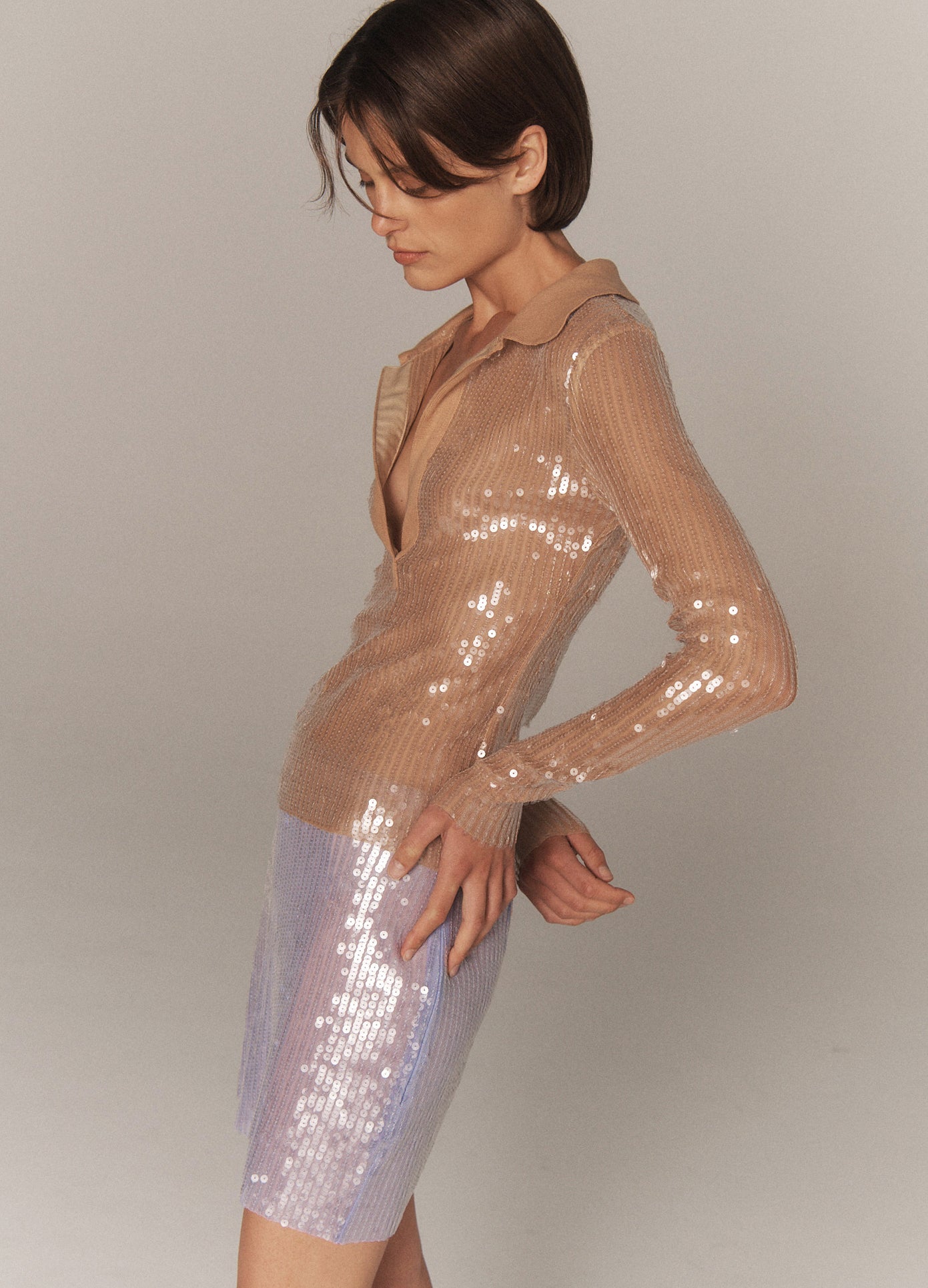 MONSE Sheer Sequin Mini Skirt in lilac on model side view