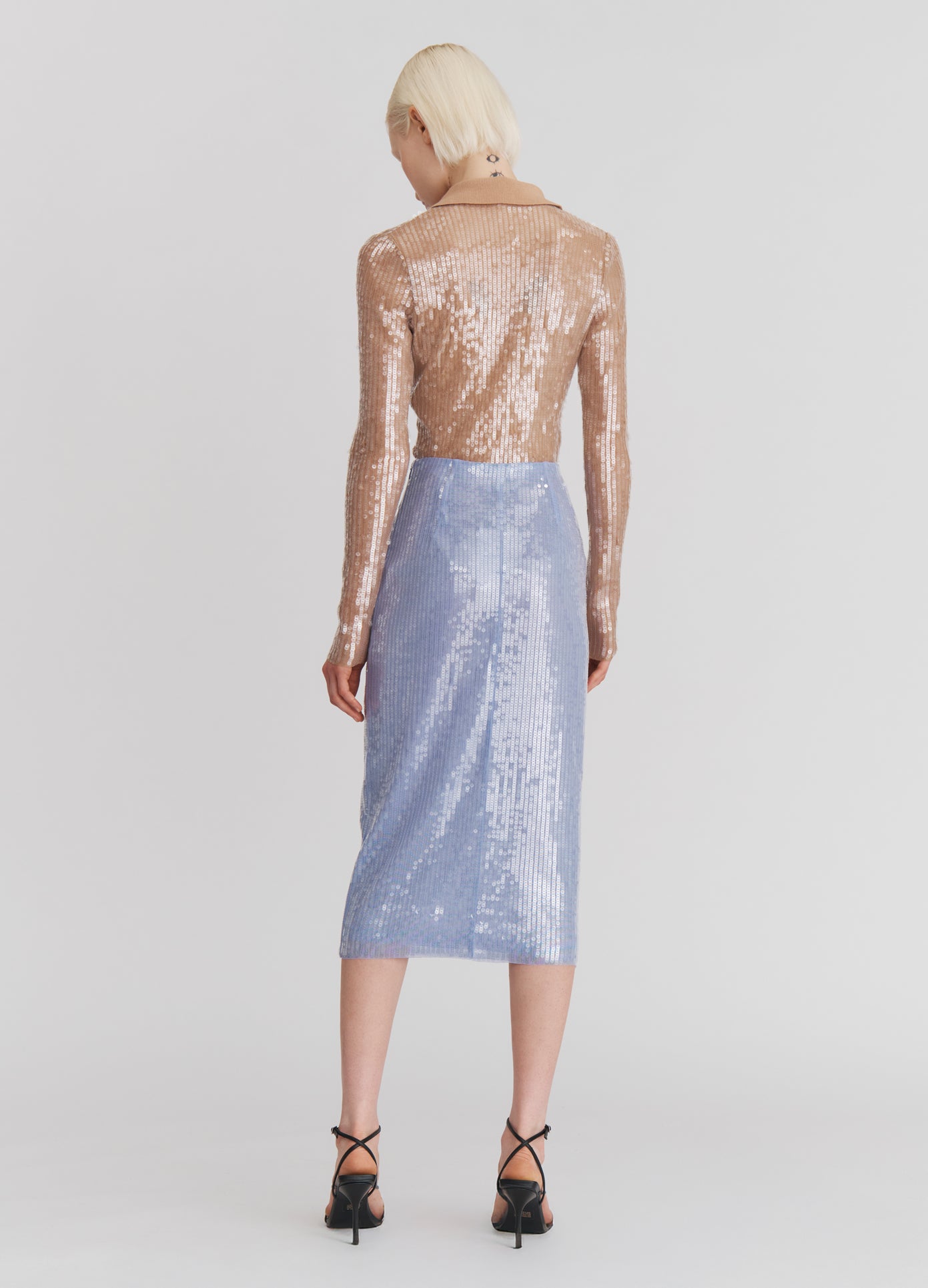 MONSE Sheer Sequin Pencil Skirt in Lilac on model alternate full back view