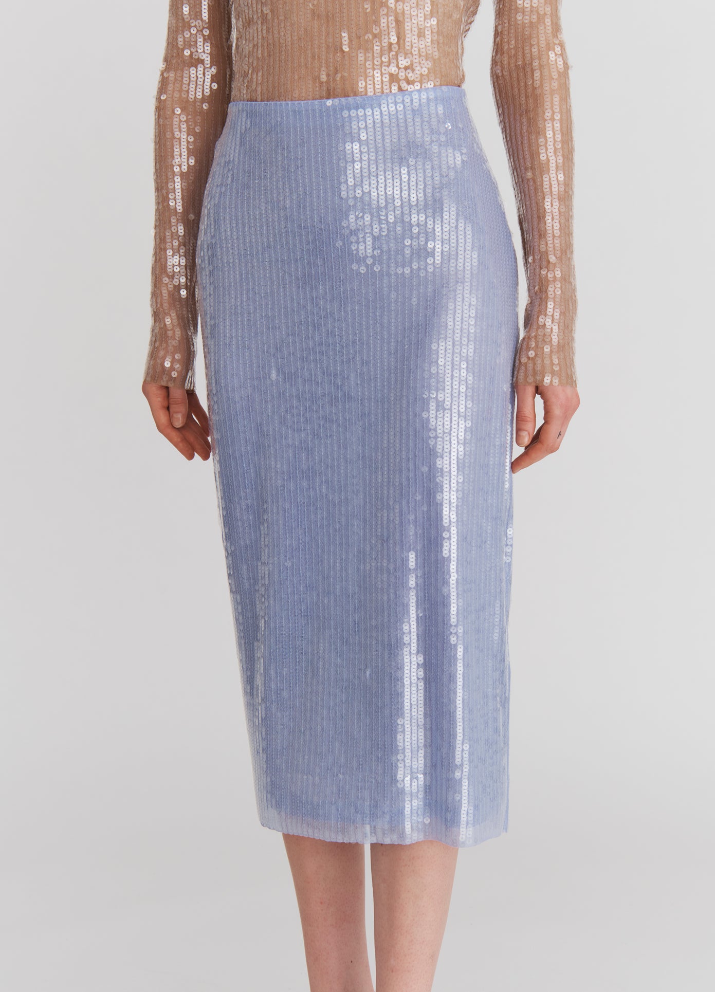 MONSE Sheer Sequin Pencil Skirt in Lilac on model front detail view