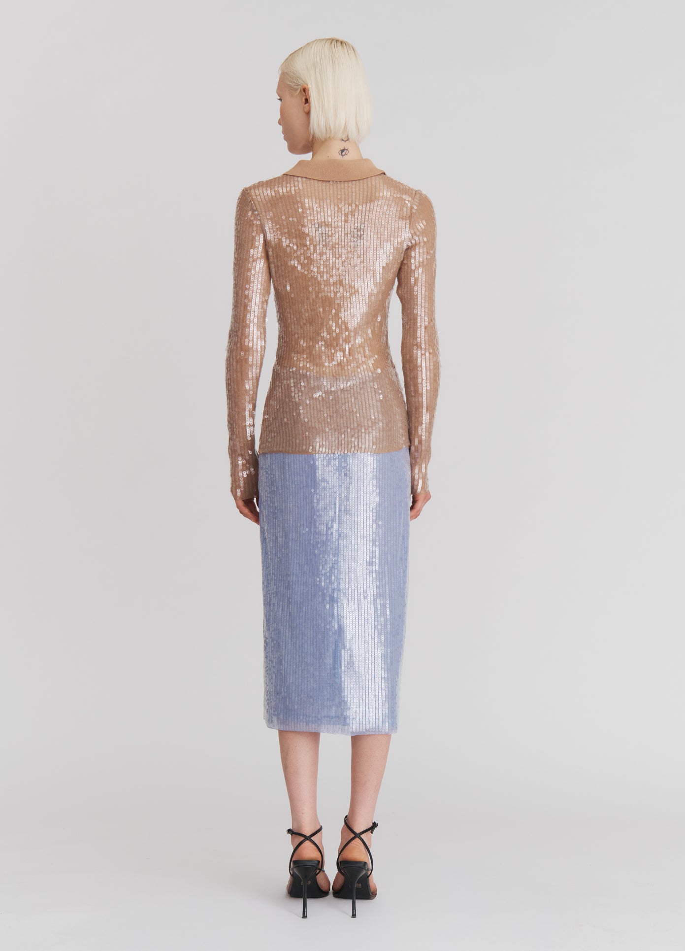 MONSE Sheer Sequin Pencil Skirt in Lilac on model full back view