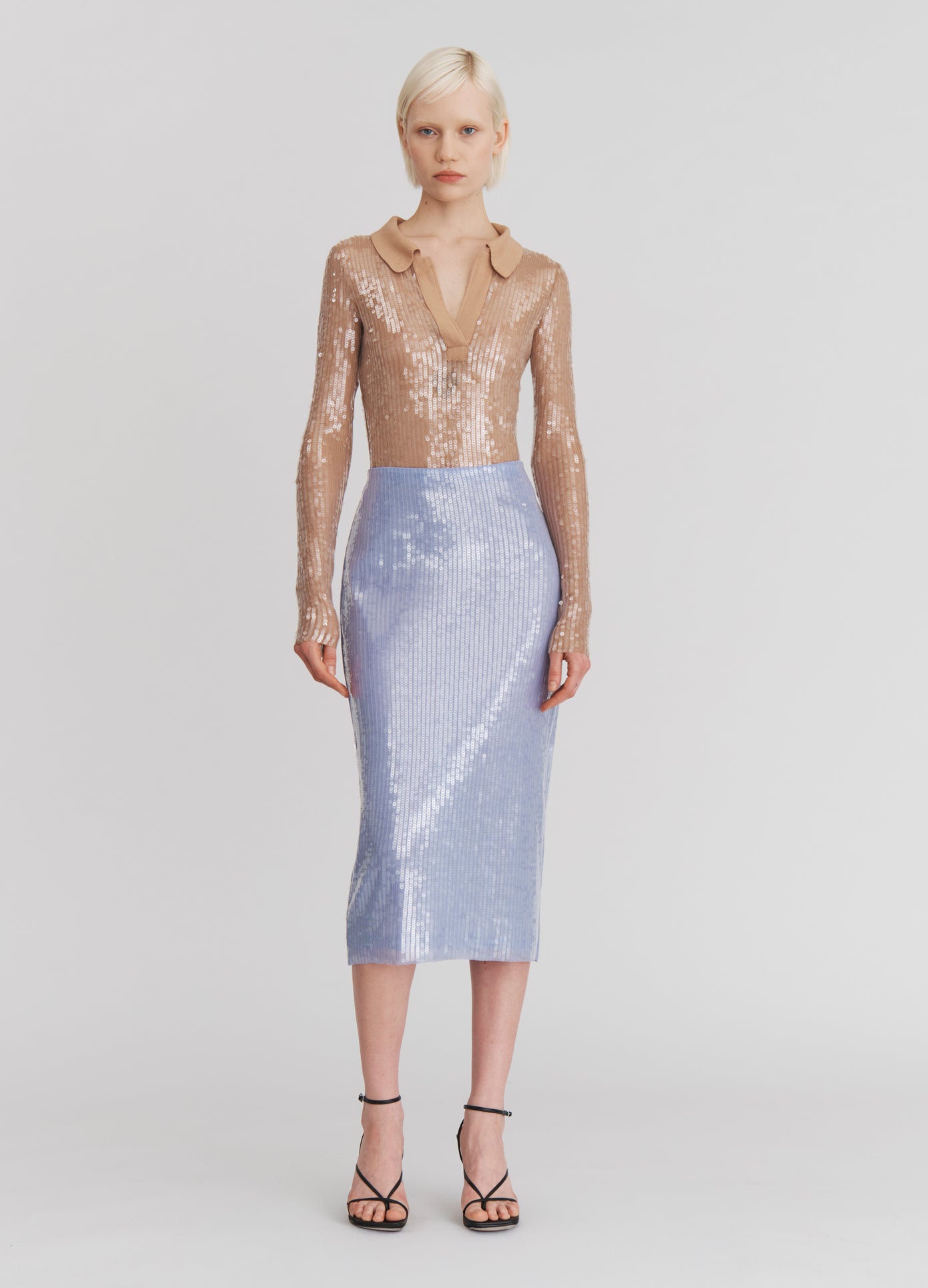 MONSE Sheer Sequin Pencil Skirt in Lilac on model full front view