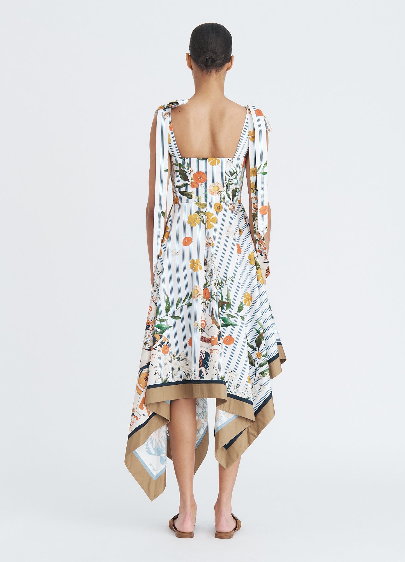 MONSE Shoulder Ties Printed Midi Dress in ivory multi on model full back view
