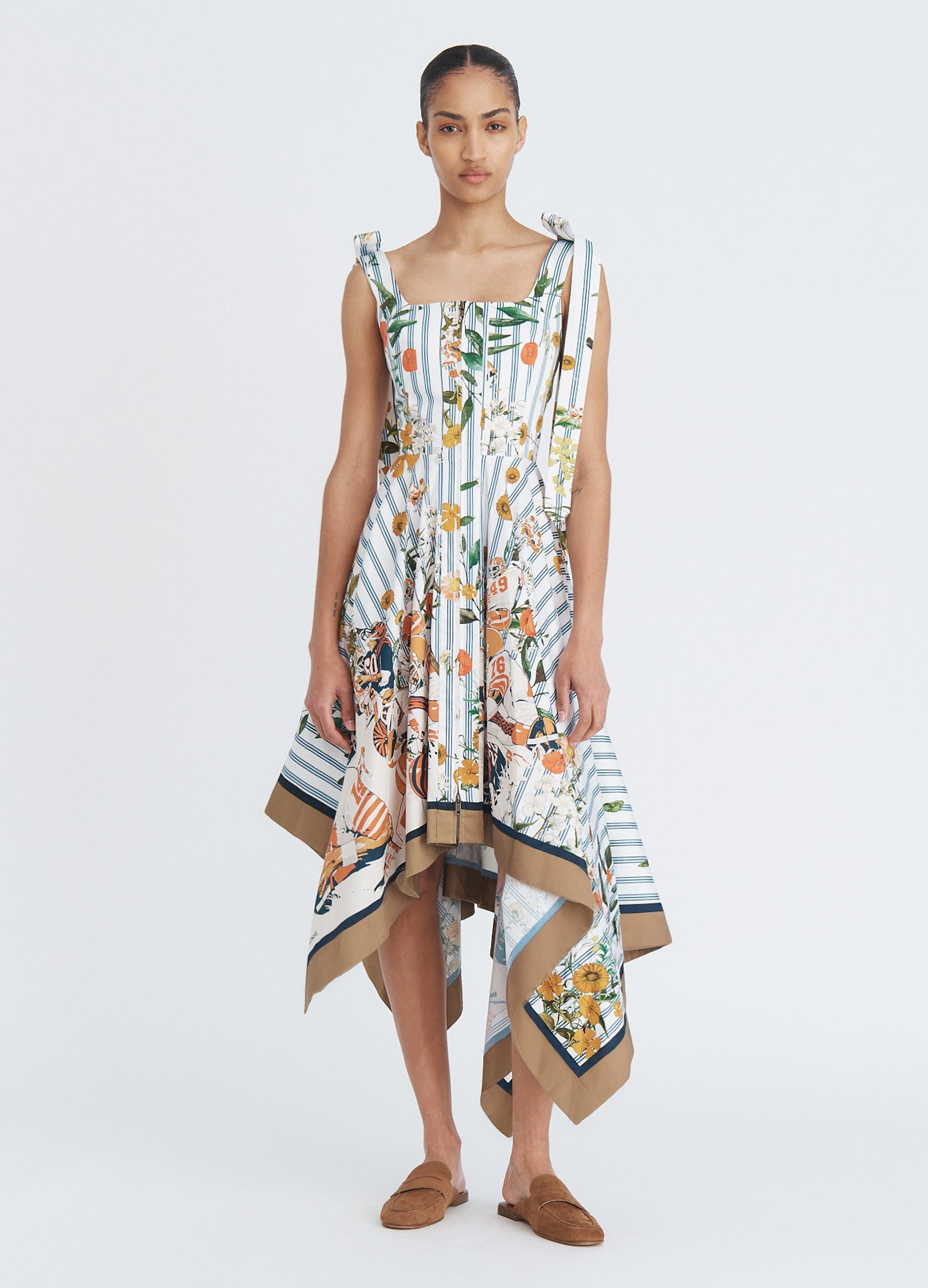 MONSE Shoulder Ties Printed Midi Dress in ivory multi on model full front view