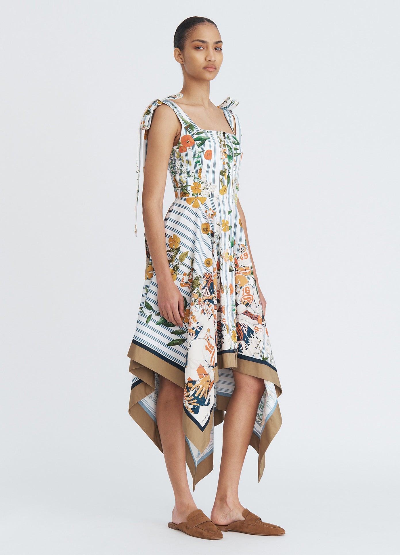 MONSE Shoulder Ties Printed Midi Dress in ivory multi on model full side view
