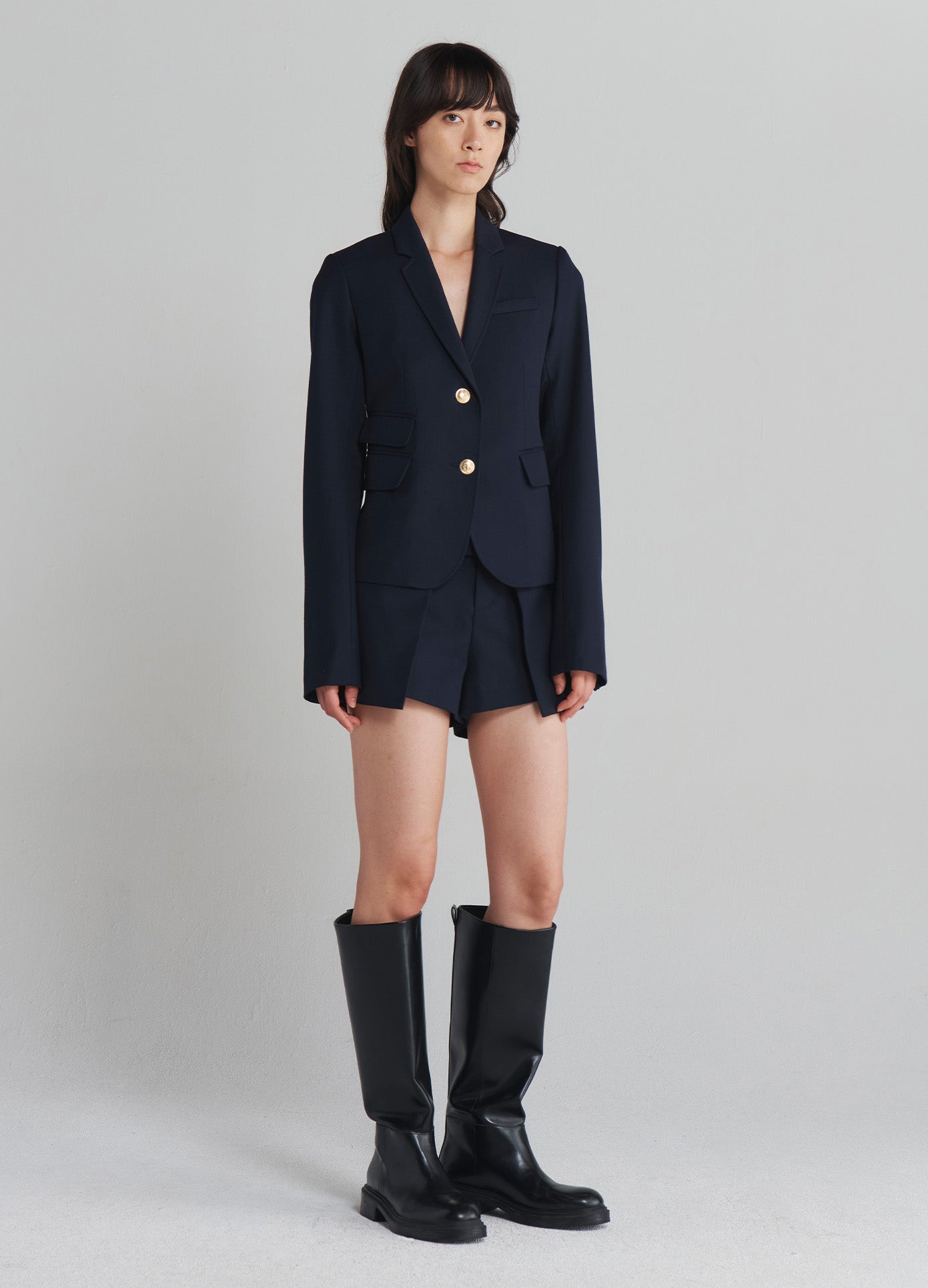 MONSE Shrunken Blazer in Midnight on model full side view