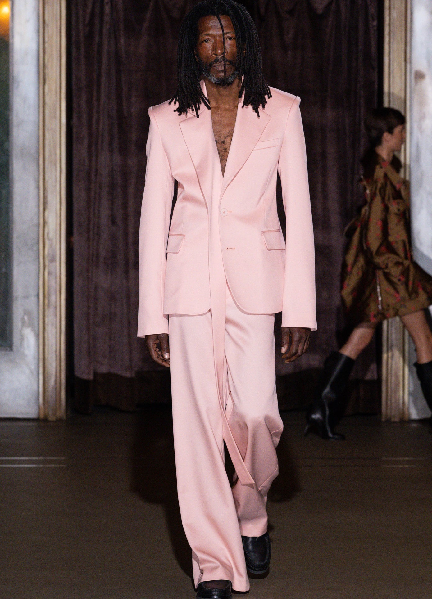 MONSE Simple Tailored Trouser in pink on runway model walking show full front view